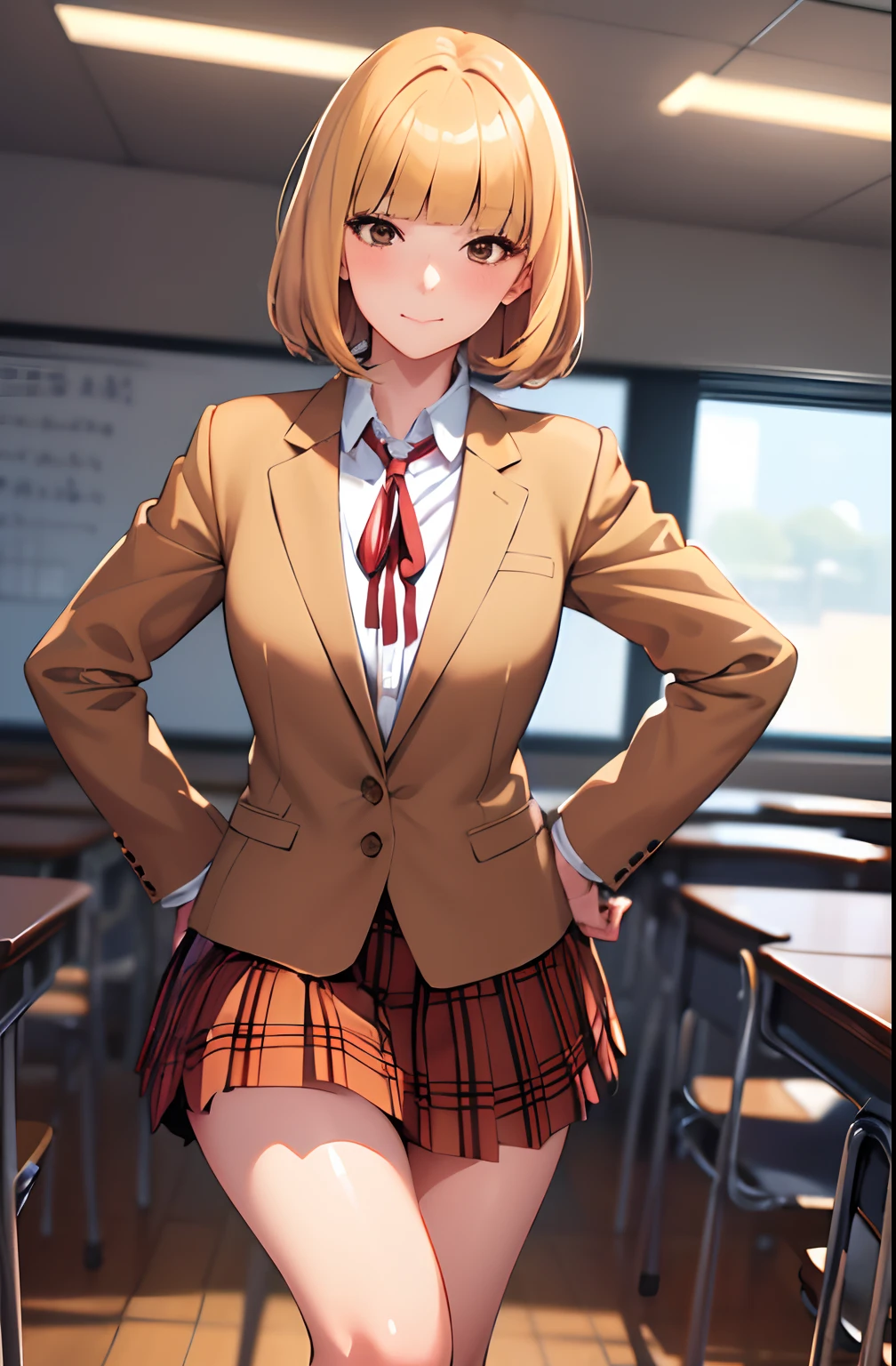 (masterpiece,best quality, detailed), 1girl, solo, classroom, indoors, hands on hips, closed mouth, dutch angle,
midorikawa hana, brown jacket, neck ribbon, collared shirt, school uniform, plaid skirt, loafers, squinting, eyelashes