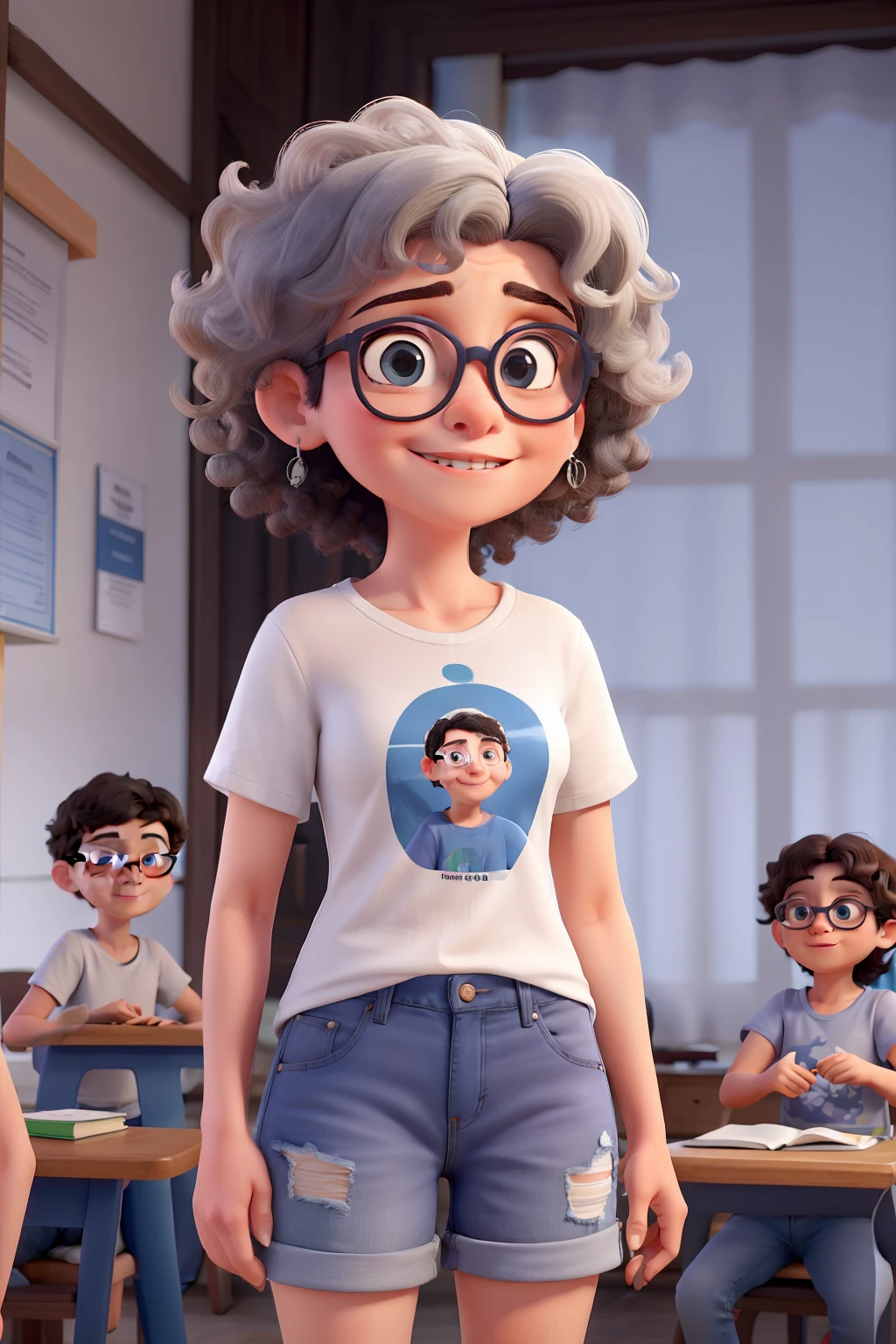 Uma adolescente mulher de pele morena, Wearing Transparent Letter Glasses, camisa branca com mangas rosa, shorts jeans, Holding her 4--old ter, pele marrom, both making hand up gestures, in a shop-like environment with a fountain with lots of water in the background
