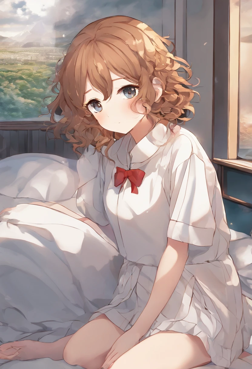 Schoolgirl with curly brown hair,Golden pupils,Just woke up from a nap,Sit on the bed and hold the quilt,Dusk outside the window,Wearing a white T,Lazy demeanor,Eyes are confused