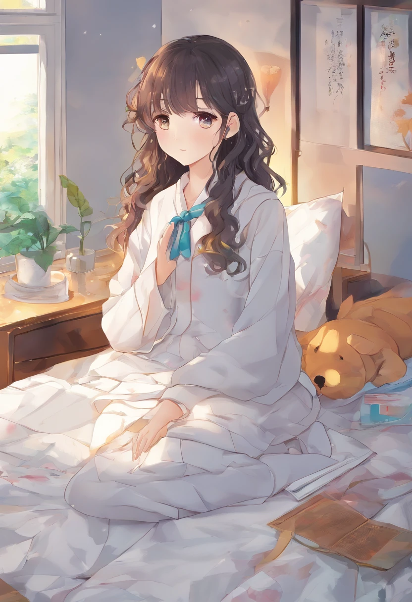 Schoolgirl with curly brown hair,Golden pupils,Just woke up from a nap,Sit on the bed and hold the quilt,Dusk outside the window,Wearing a white T,Lazy demeanor,Eyes are confused