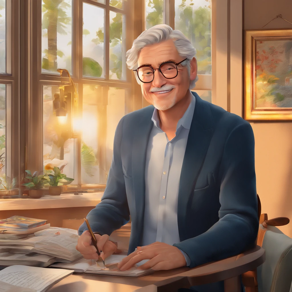 (best quality,4k,realistic:1.37),portrait,homage to Disney Pixar,character:Rubens Janier,handsome and distinguished looking,gray hair,wearing glasses in an office setting,background with a desk and bookshelf,Bible prominently placed on the desk,cozy and warm lighting,soft shadows on the walls and furniture,subtle rays of sunlight streaming through the window,attention to details in facial expression and wrinkles,recognition of emotion and wisdom in eyes and facial features,faith depicted in a respectful and inclusive manner,rich color palette to evoke a sense of nostalgia and wonder,vibrant and lively atmosphere,subtle textures and brushstrokes,artistic rendering resembling a traditional painting,highly detailed and lifelike portrayal of Rubens Janier.