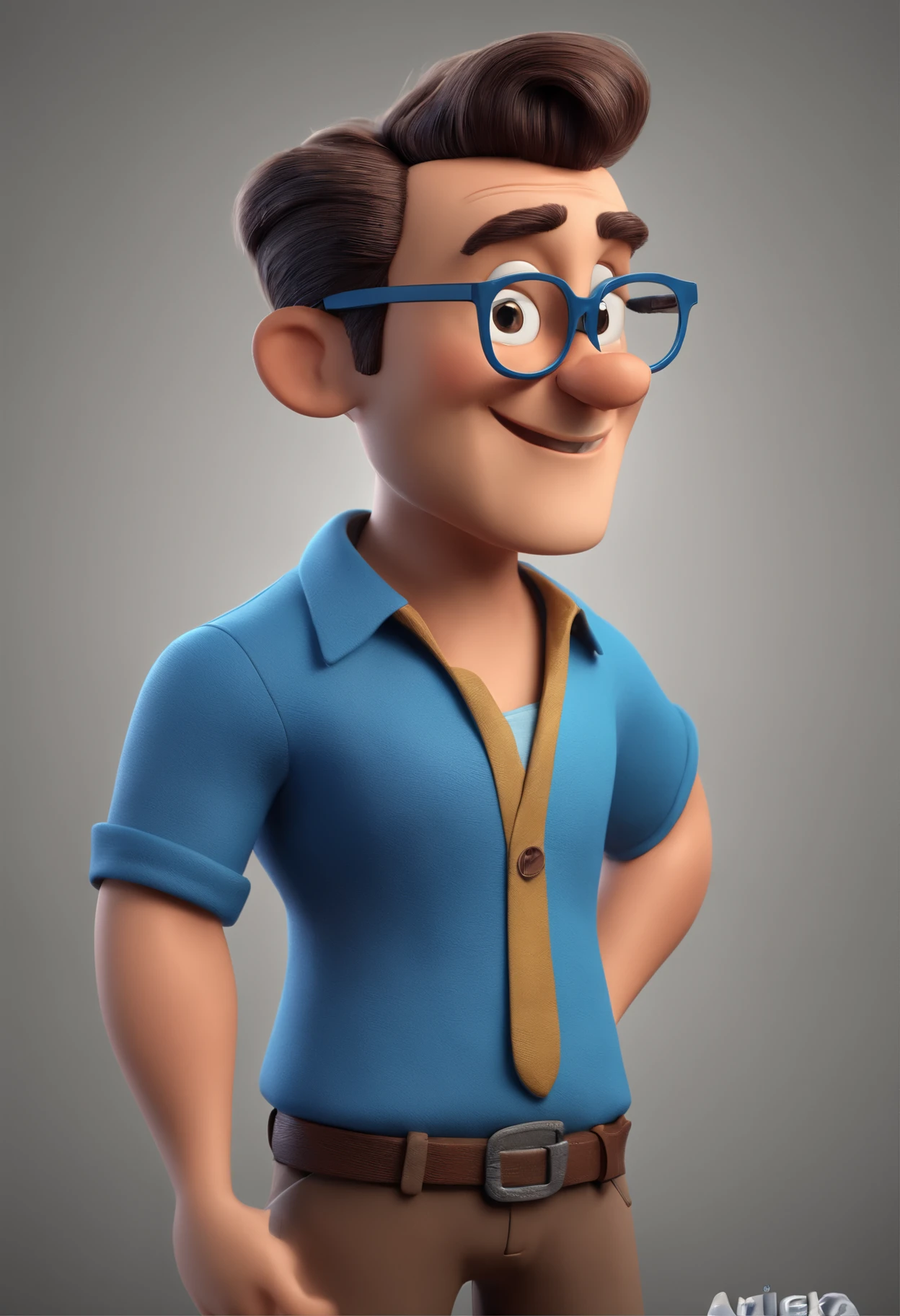Cartoon character of a man with black glasses and a blue shirt, animation character, Caractere estilizado, animation style rendering, 3D estilizado, Arnold Maya render, 3 d render stylized, toon render keyshot, Personagem 3D, Personagem 3D, 3d rendering stylized, 3 d character render, personagem de desenho animado, Personagem de close up, Pose de personagem, (Estilo Pixar) (master part:1.2) (Bokeh) (best quality) (pele detalhada) (textura detalhada) (8k) (argila) (Cinematic lighting) (foco nítido