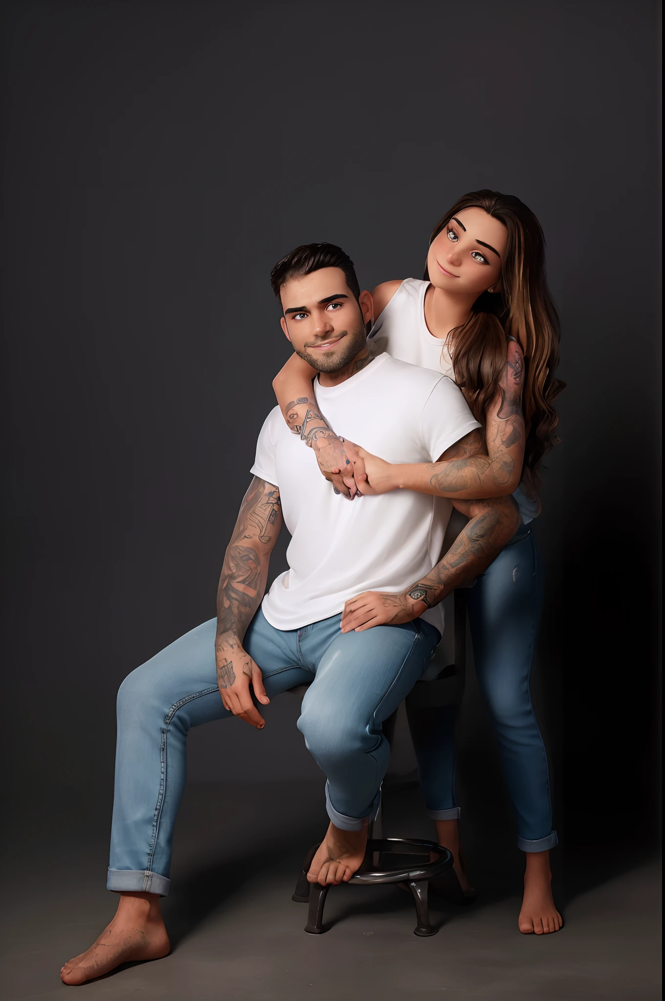 High-quality art precedes the depiction of this photograph, where two individuals exude an aura of radiant beauty. The man, seated on a chrome stool, has both arms lavishly adorned with intricate tattoos extending to his hands and fingers, revealing a gallery of body art. His casual attire consists of a plain white t-shirt and light blue denim jeans, and he sports a well-groomed short haircut, and a refined stubble, complementing his content smile. The woman, with her luscious blonde hair cascading over her left shoulder and partially draping over her non-tattooed arm, encircles the man with her right arm, which is also richly tattooed. She mirrors the man's casual fashion in a similar white t-shirt paired with fitted blue jeans. Both are barefoot, and their relaxed poses on a muted grey backdrop accentuate their vivid and stunning appearances.