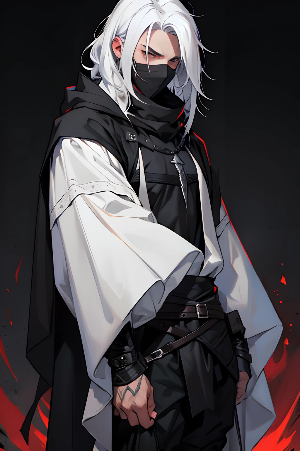 fantasy, Killer in Black, Man Man, white colored hair, Medium Hair, black hood, Rogue Outfit Black, Clothes Killer, black pants, Medieval times, Full-length