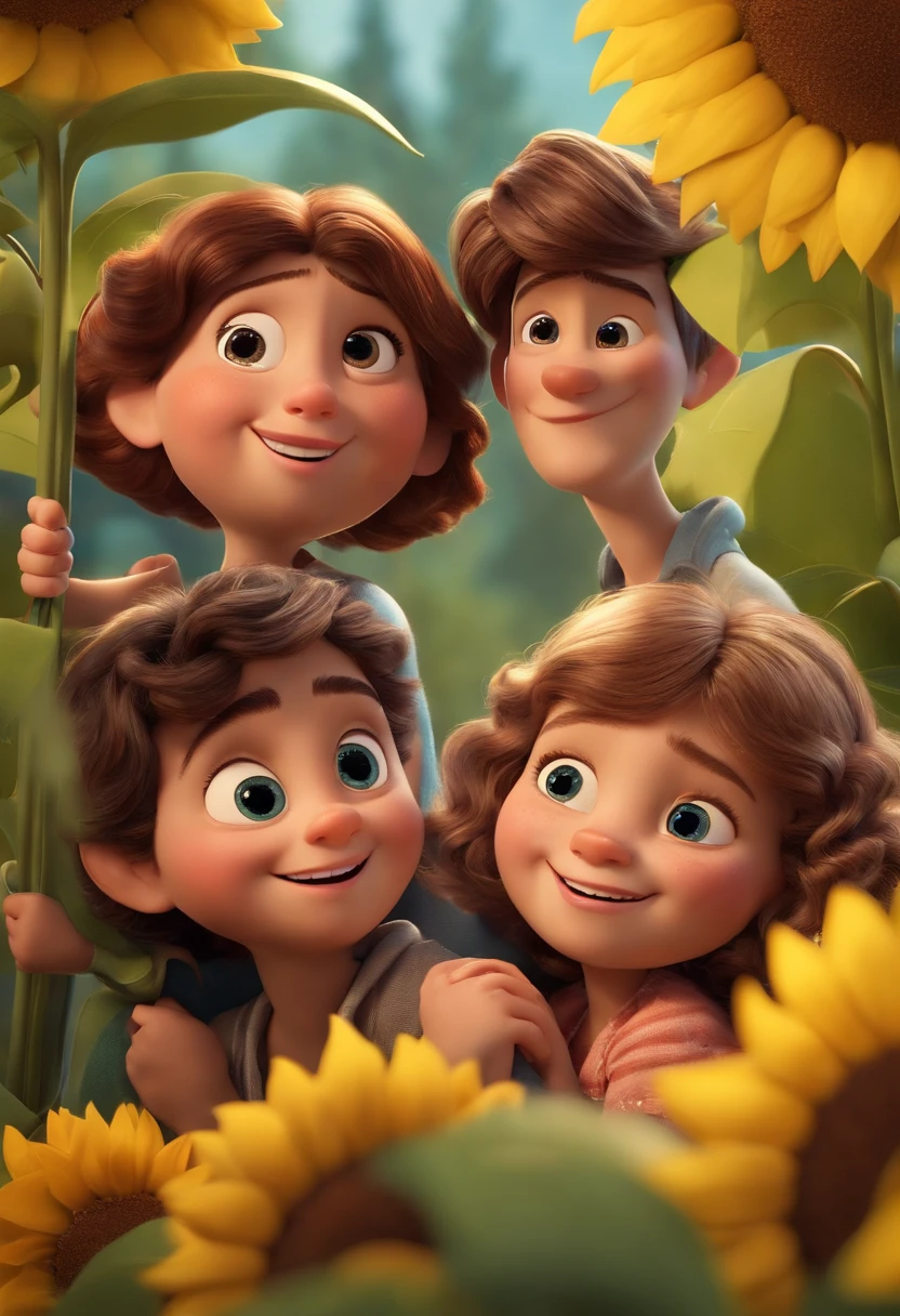 Create a Disney PIXAR-style 3D poster.  ((2 )) ((1 menino e 1 menina ao lado, They're hugging each other, O menino tem pele clara e cabelos castanhos escuros e olhos castanhos escuros, a menina tem pele moreno clara , olhos e cabelos castanhos e longos, franja)) ((tudo isso no estilo Disney PIXAR 3D, In the background, A house of sunflowers, Gloria Studio, The garden is full of nature 3D render RTX clay material, estilo de design cartunesco, POP Mart, soft lighting, linhas suaves, Spring tilt, Detailed illustrations of PIXAR 3D, Detalhes hiper-realistas, cor quente no estilo Disney PIXAR 3D))