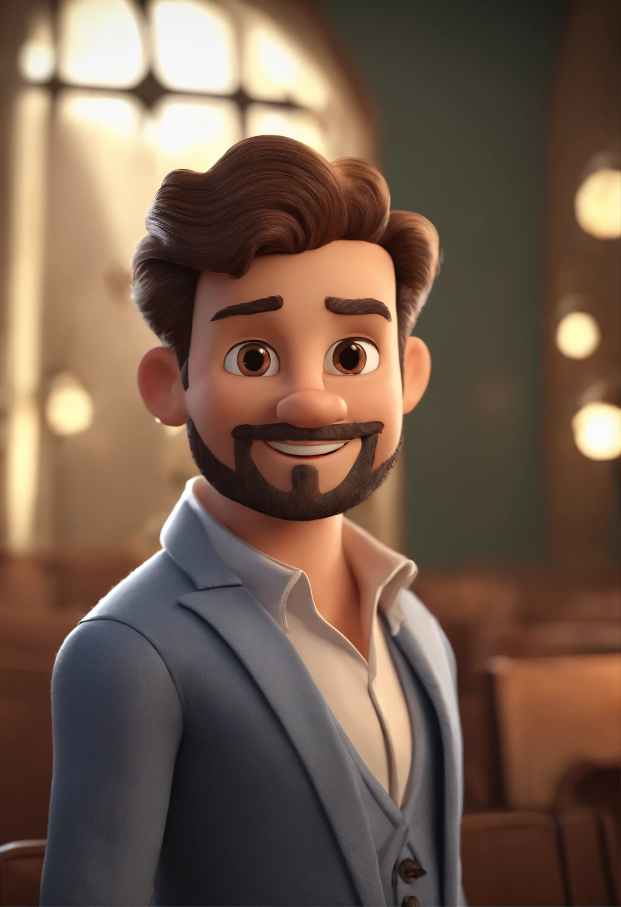 personagem dos desenhos animados de um homem, barba por fazer, without glasses, cor pardo, de terno na sala de aula, animation character, Caractere estilizado, animation style rendering, 3D estilizado, Arnold Maya render, 3 d render stylized, toon render keyshot, Personagem 3D, Personagem 3D, 3d rendering stylized, 3 d character render, personagem de desenho animado, Personagem de close up, Pose de personagem,  (Estilo Pixar) (master part:1.2) (Bokeh) (best quality) (pele detalhada) (textura detalhada) (8k) (argila) (Cinematic lighting) (foco nítido