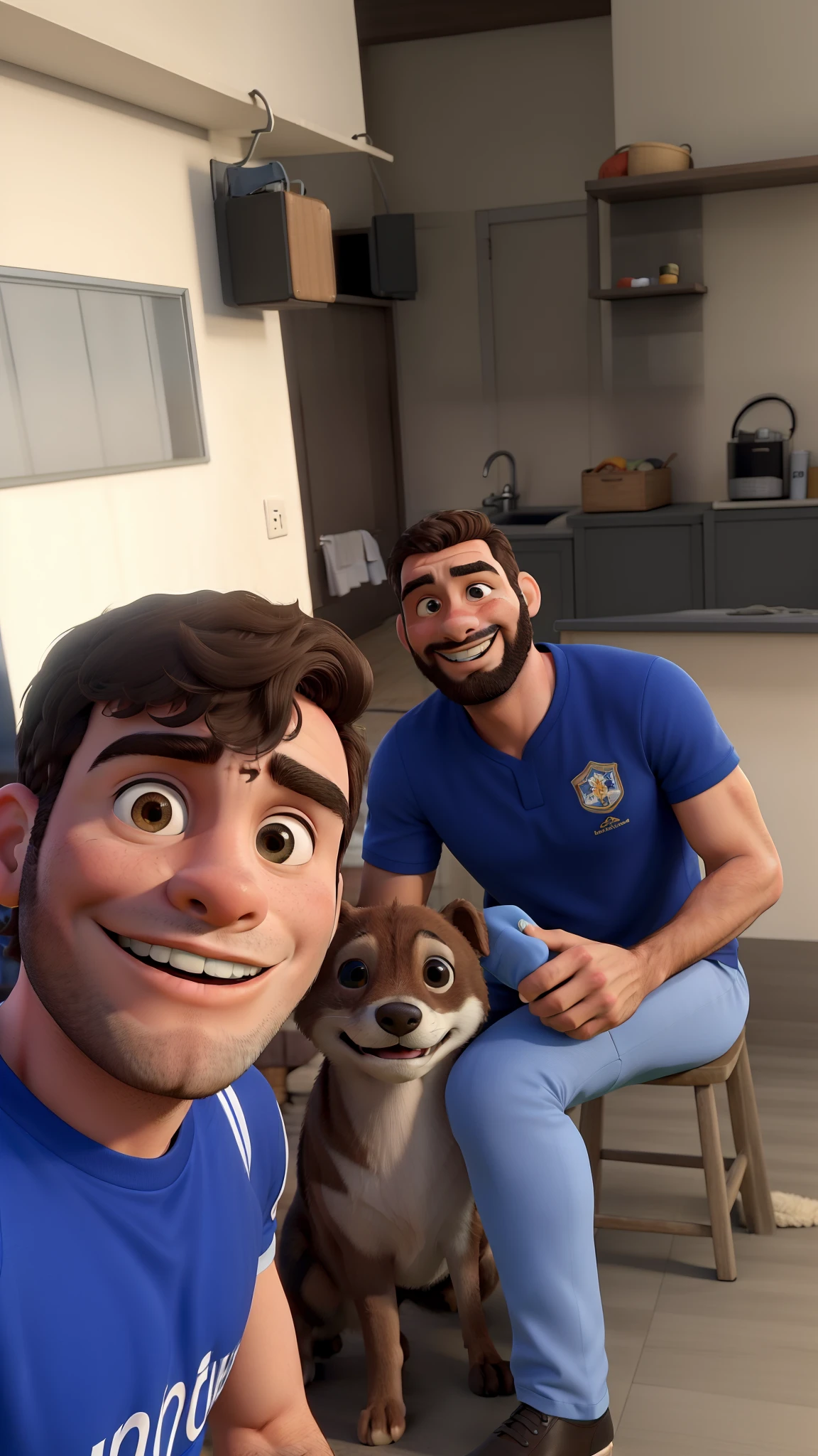 Obra-prima, de melhor qualidade, dois amigos, um sentado em um banco de madeira, o outro com camisa de futebol, com barba e sorridente