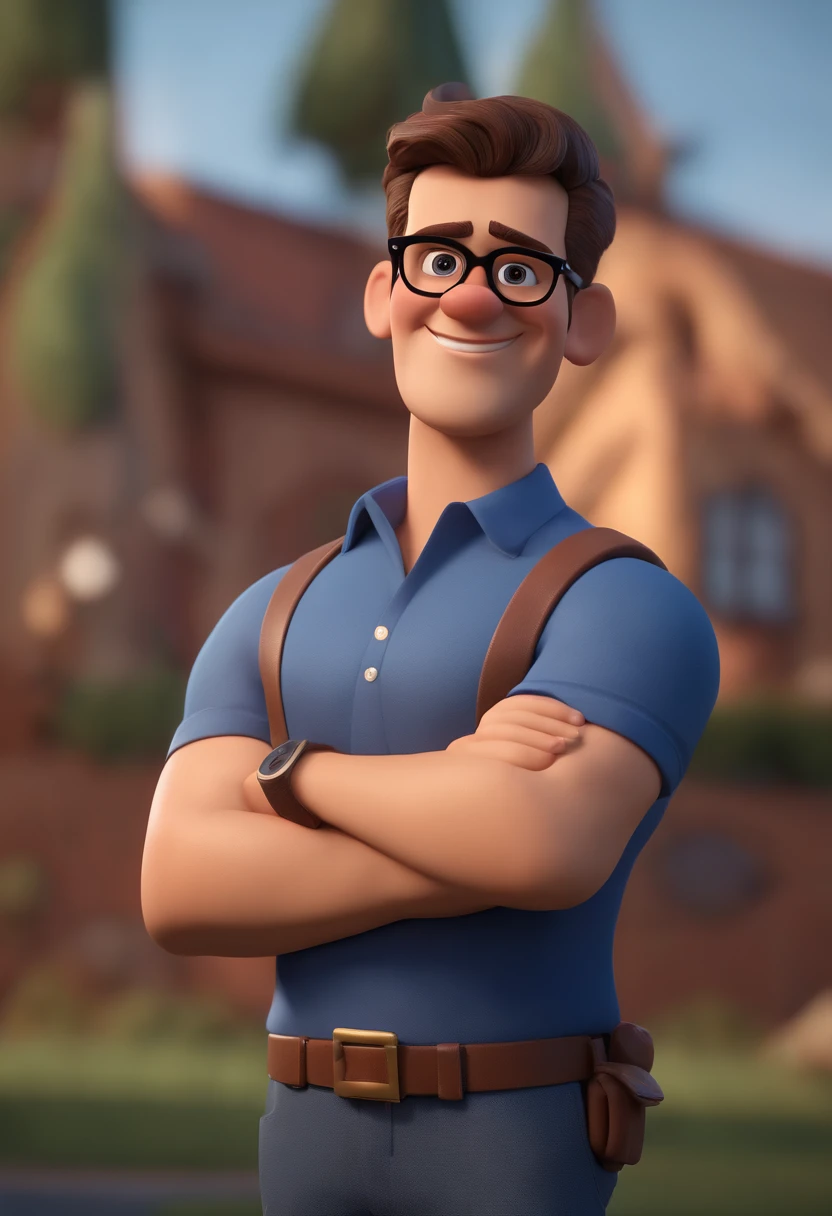 Cartoon character of a man wearing black glasses and a blue shirt, um personagem animado, Caractere estilizado, animation style rendering, 3D estilizado, Arnold Maya render, 3 d render stylized, toon render keyshot, Personagem 3D, Personagem 3D, 3d rendering stylized, 3 d character render, personagem de desenho animado, Personagem de close up, Pose de personagem, (Estilo Pixar) (master part:1.2) (Bokeh) (best quality) (pele detalhada) (textura detalhada) (8k) (argila) (Cinematic lighting) (foco nítido，Senta e vaza a parte superior do corpo