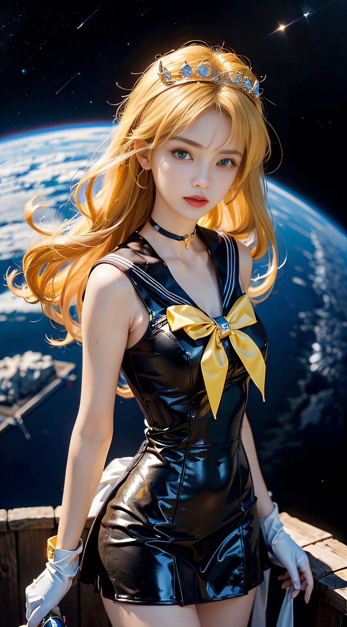 ((​masterpiece:1.4)、(top-quality:1.4)、(reallistic:1.7))、masuter piece:1.4、a beauty girl、(Sailor Moon:1.4)、Tsukino Usagi、Body Fit Sexy Sailor Senshi Uniform、(latex shiny)、(The jacket is a white sleeveless sailor suit)、(Skirt Blue Sexy Ultra Ultra Pleated Mini Skirt)、The collar of the sailor suit is blue with two thin lines.、high leg swimsuit、Red cloth ornament at chest、(Wearing white gloves)、Kawaii Girl、Super beauty、foco nítido、Portrait photos、Upper body photography:1.4、beautiful countenance、beautidful eyes、Narrow waist、beauty legs、(yellow  hair:1.4)、(length hair:1.2)、Beautiful udder、large full breasts:1.2、Sexy ass、Raw photo、red-lips、Red high heels:1.4、a choker:1.4、a necklace:1.4、耳Nipple Ring:1.4、Luxurious Golden Tiara:1.4、1 screen display、a moon、kosmos、spaceships、A space station、City of the Future