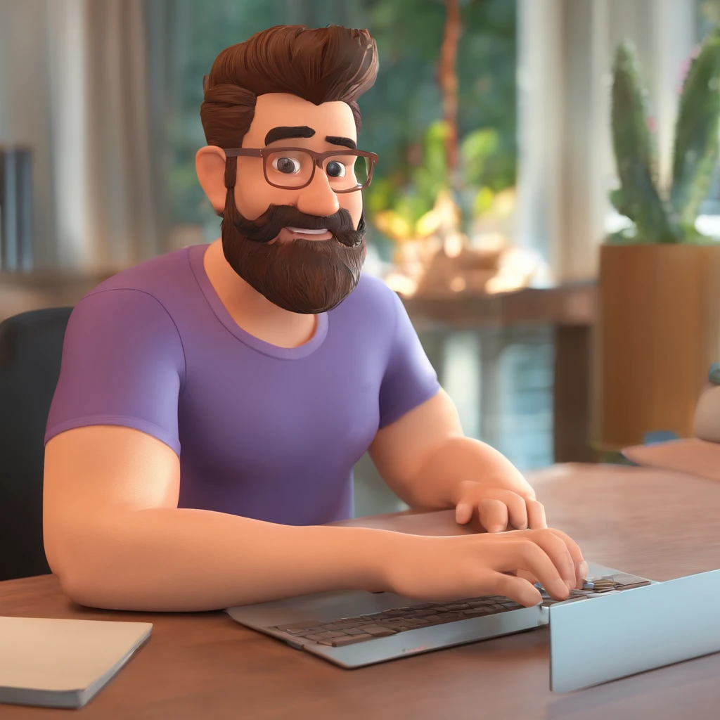 Criar um personagem no estilo Pixar. Trata-se de um homem de 30 anos, com barba, Branco, com cabelos castanhos curtos e um quiff, e olhos castanhos. Ele deve estar na frente de um computador, Trabalhar como designer