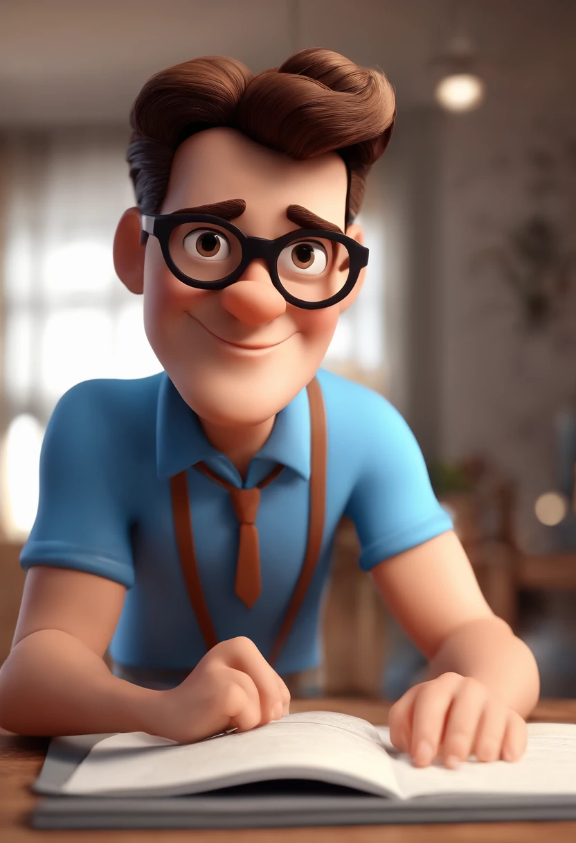 Cartoon character of a man with black glasses and a blue shirt, animation character, Caractere estilizado, animation style rendering, 3D estilizado, Arnold Maya render, 3 d render stylized, toon render keyshot, Personagem 3D, Personagem 3D, 3d rendering stylized, 3 d character render, personagem de desenho animado, Personagem de close up, Pose de personagem,  (Estilo Pixar) (master part:1.2) (Bokeh) (best quality) (pele detalhada) (textura detalhada) (8k) (argila) (Cinematic lighting) (foco nítido