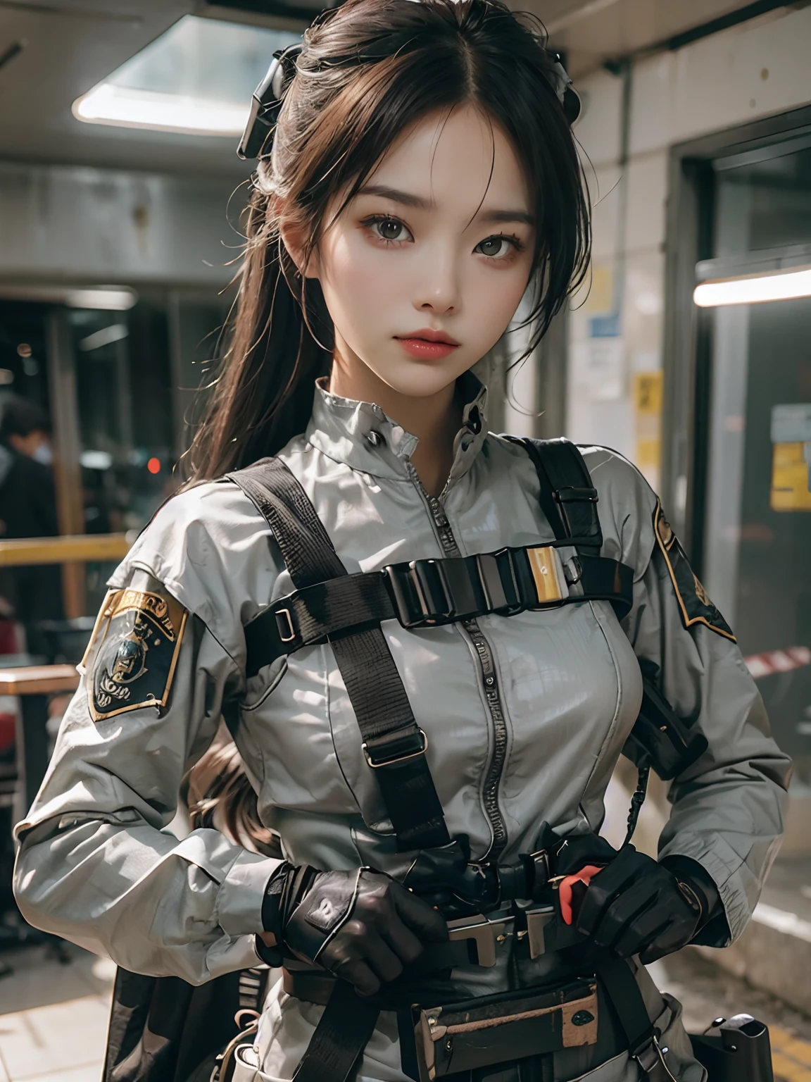 ((top-quality)), ((masterpiece)), (High Details:1.3), 3D, Machine gun in hand,Beautiful fece 、(cyberpunked:1.2) Special Forces, roboto, bulletproof vest, digital (camo: 1.3),、(reallistic:1.4)、Beautuful Women、Trying to shoot a gun、lighting like a movie, Apocalypse, Ruins, karo, (Dirty face), demure, (film grains:1.0), (Airborne dust particles:1.2), dust particles, blood stain, mournful, length hair、off shoulders、Dynamic poses、outside of house