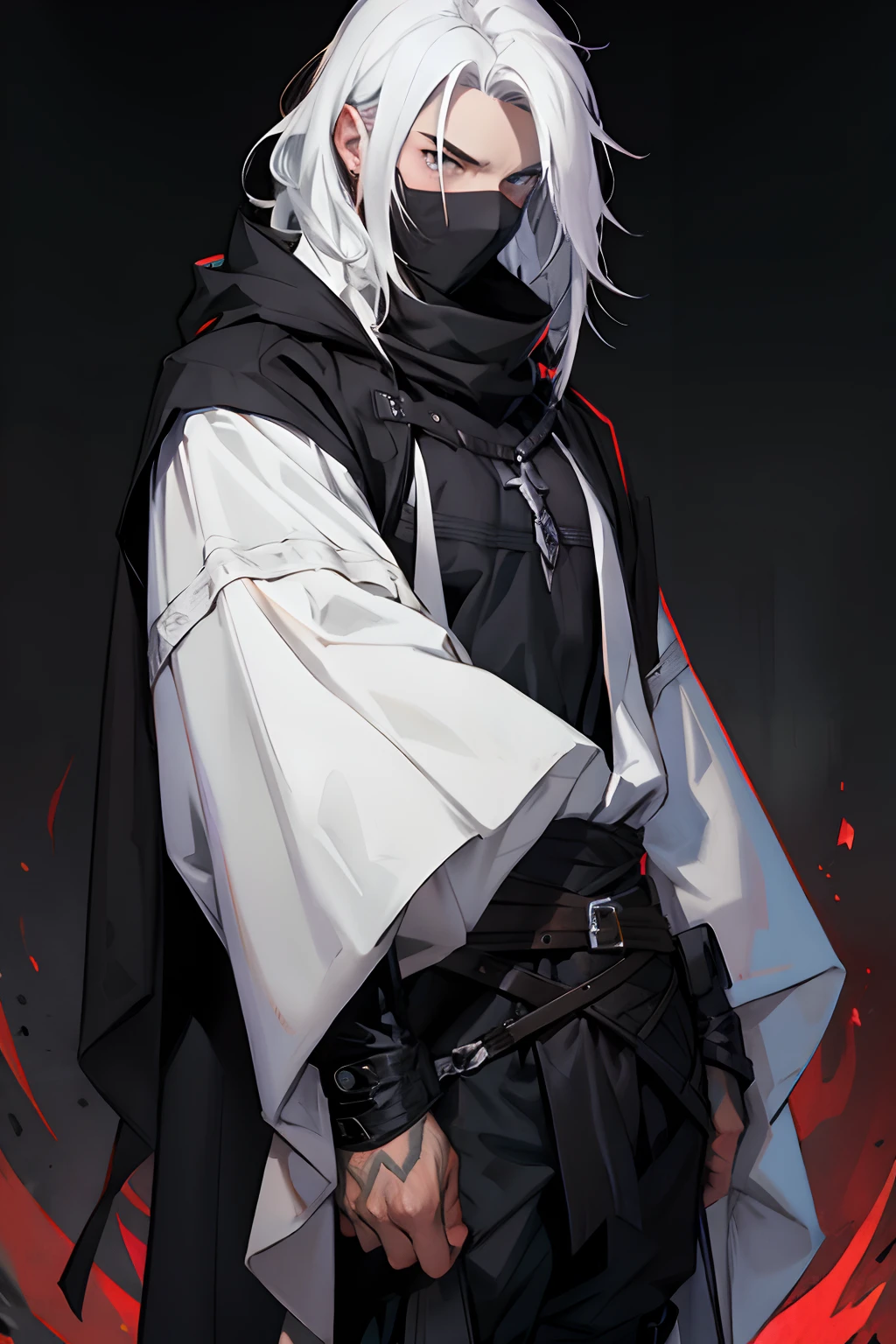 An assassin, male, fantasy character, physically strong, wearing a skull mask covering his face and eyes, dressed in black medieval attire, with a white hooded cloak over it, gray hair, short hair, red eyes, holding a dagger, nighttime background.