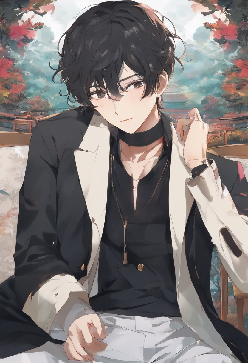 with black curled hair,Uncle with golden eyes,He has stubble on his face,Have dark circles,Wear an overcoat,Smoke in a park chair at night