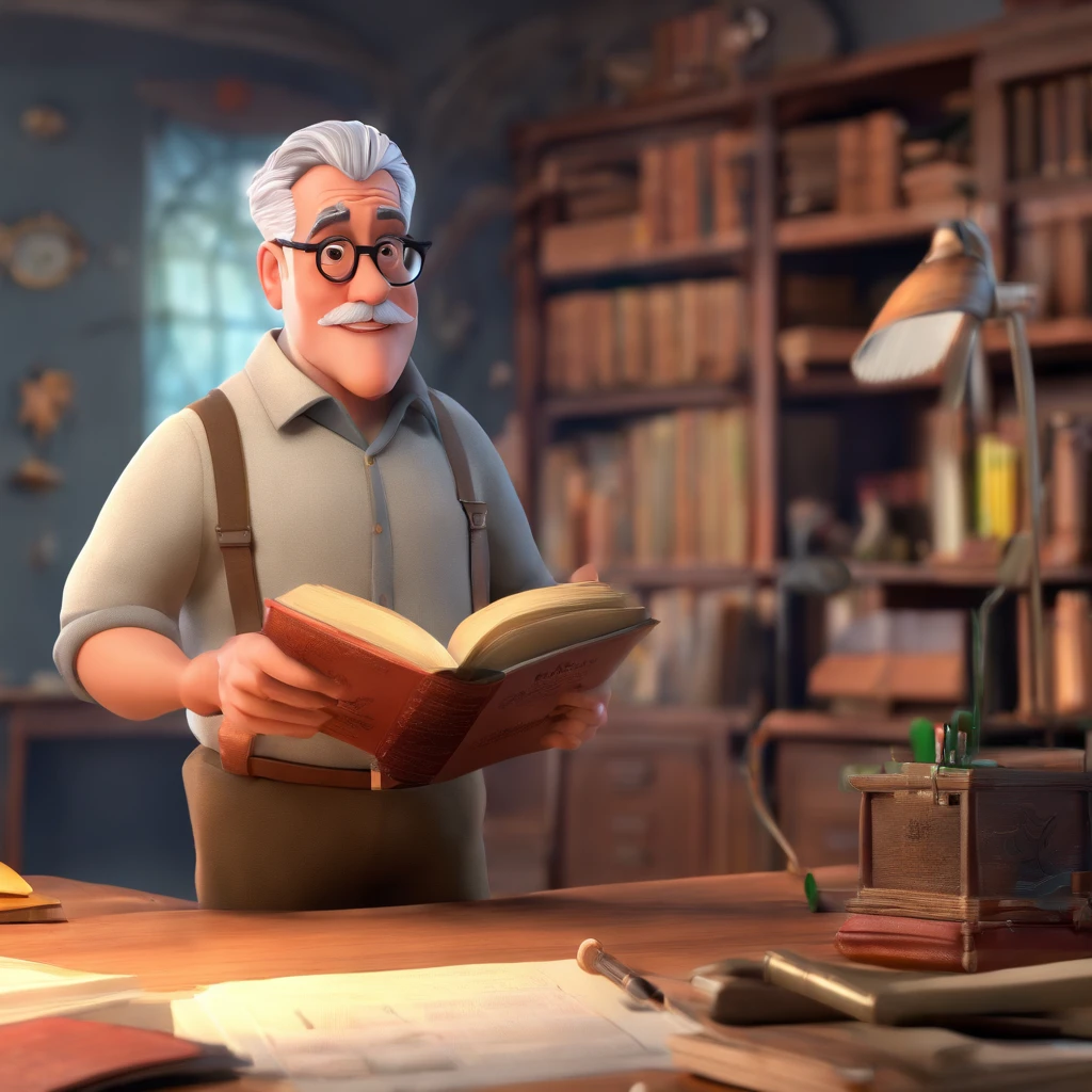 Crie um cartaz inspirado na Disney Pixar com o personagem sendo o pastor Rubens Janier, A gray-haired man wearing glasses, in an office with a Bible on the table