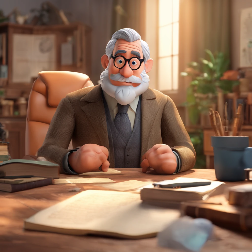 Crie um cartaz inspirado na Disney Pixar com o personagem sendo o pastor Rubens Janier, A gray-haired man wearing glasses, in an office with a Bible on the table