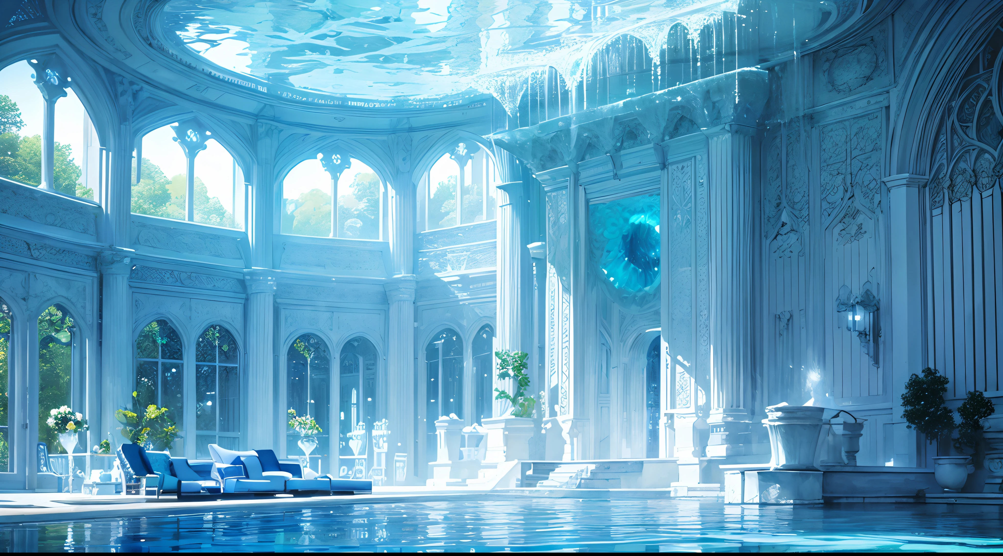 Blue and white tones,Ultra-translucent,Super transparent,Crystal Book House,Great waterways,pools of water,flowingwater,waterfallr,libraryai,Covered with fantastic white rose vines,Lots of detail,hyper qualit,shock,Magnificent,Momentum