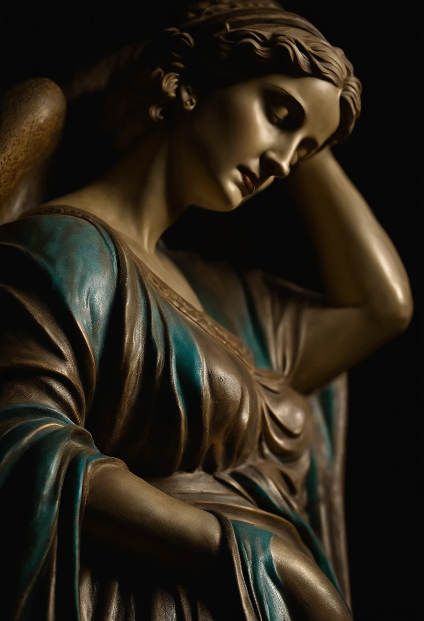 estatua de mujer estoica, foto desde atraes, ella esta de espaldas, estilo cinematografico, fondo oscuro.