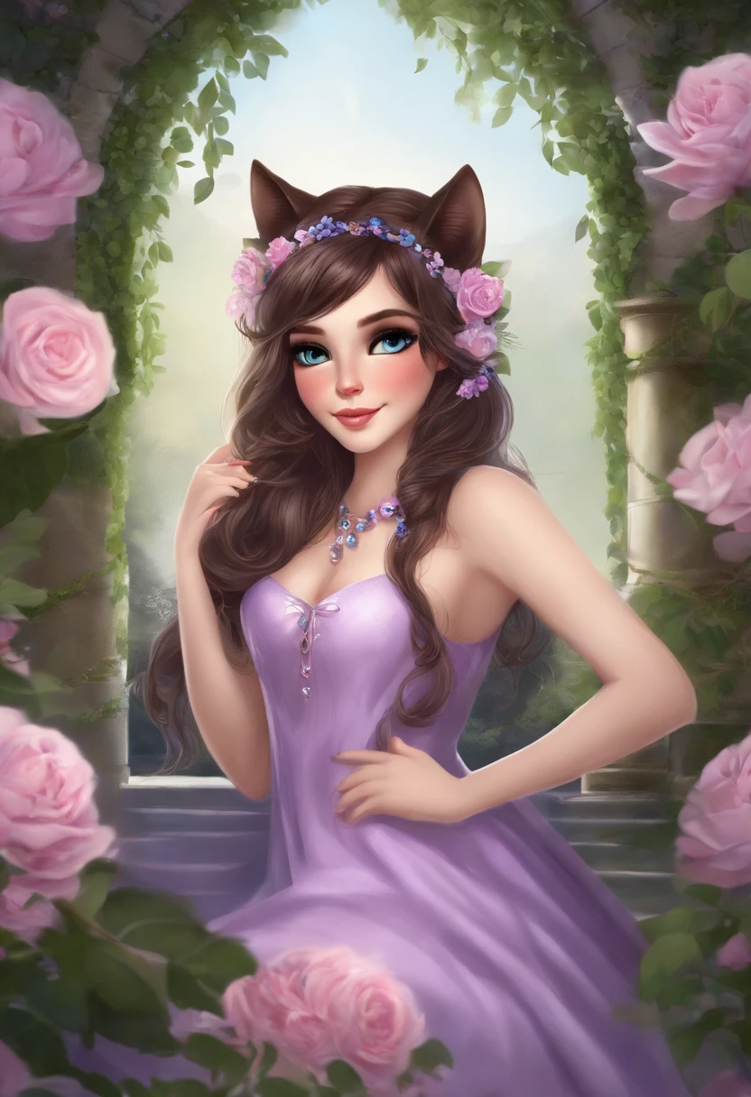 1girl, desnudo, Orejas de animales, purple eyes, brown hair, alas, solamente, Cabello largo, sonrojarse, Orejas de gato, flores, Mirando al espectador, Trenzas, Arcos, Vestidos, flores rosadas, Arcos, Accesorios para el cabello, flequillo, Gatos, flor del cabello, Pelo de oreja de animal, tenencia, Youtuber virtual, lazo azul, Retention animal, Catwoman, peluche