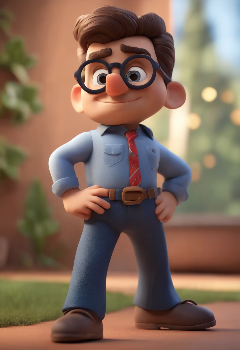 Cartoon character of a man wearing black glasses and a blue shirt, um personagem animado, Caractere estilizado, animation style rendering, 3D estilizado, Arnold Maya render, 3 d render stylized, toon render keyshot, Personagem 3D, Personagem 3D, 3d rendering stylized, 3 d character render, personagem de desenho animado, Personagem de close up, Pose de personagem, (Estilo Pixar) (master part:1.2) (Bokeh) (best quality) (pele detalhada) (textura detalhada) (8k) (argila) (Cinematic lighting) (foco nítido,Senta e vaza a parte superior do corpo
