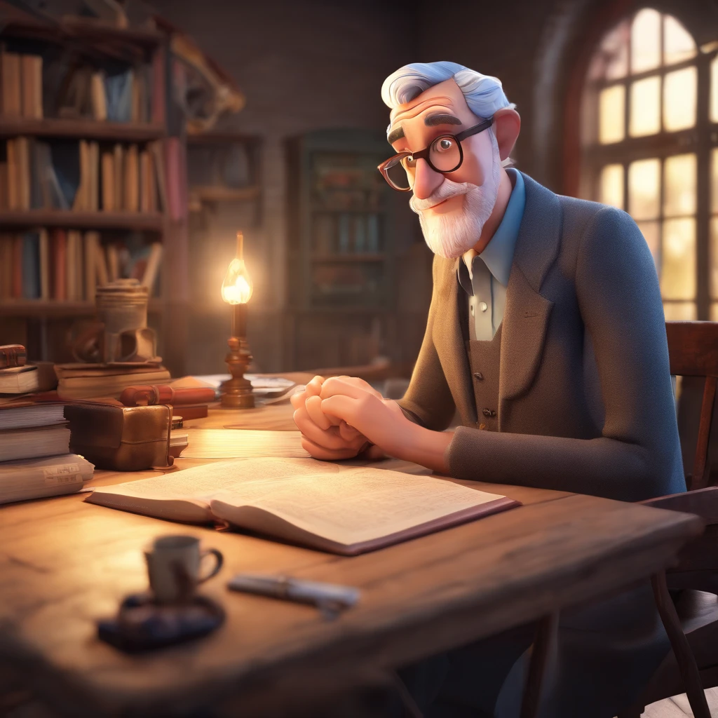 Crie um cartaz inspirado na Disney Pixar com o personagem sendo o pastor Rubens Janier, A gray-haired man wearing glasses, in an office with a Bible on the table