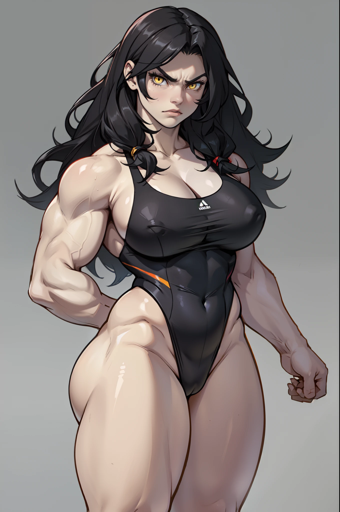 (1girl) pale skin huge breasts (muscular)) toned body thick thighs black hair yellow eyes (swimsuit long hair grey background) bodybuilder angry