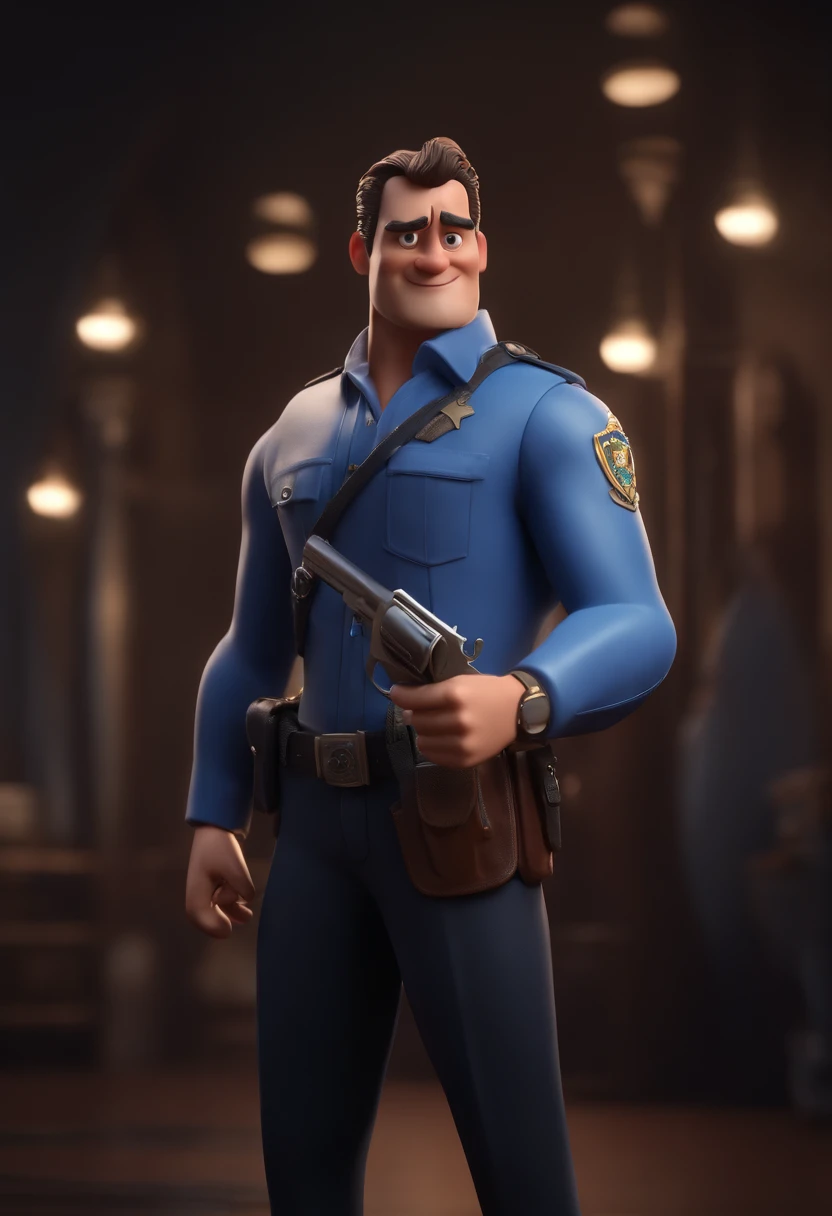 Cartoon character of a man with revolver a blue security shirt Animation character, Caractere estilizado, animation style rendering, 3D estilizado, Arnold Maya render, 3 d render stylized, toon render keyshot, Personagem 3D, Personagem 3D, 3d rendering stylized, 3 d character render, personagem de desenho animado, Personagem de close up, Pose de personagem, (Estilo Pixar) (master part:1.2) (Bokeh) (best quality) (pele detalhada) (textura detalhada) (8k) (argila) (Cinematic lighting) (foco nítido