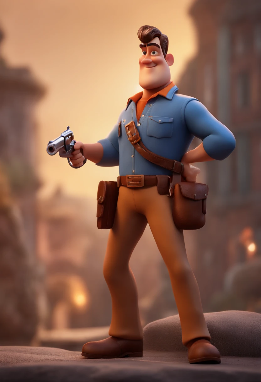 Cartoon character of a man with revolver a blue security shirt Animation character, Caractere estilizado, animation style rendering, 3D estilizado, Arnold Maya render, 3 d render stylized, toon render keyshot, Personagem 3D, Personagem 3D, 3d rendering stylized, 3 d character render, personagem de desenho animado, Personagem de close up, Pose de personagem,  (Estilo Pixar) (master part:1.2) (Bokeh) (best quality) (pele detalhada) (textura detalhada) (8k) (argila) (Cinematic lighting) (foco nítido