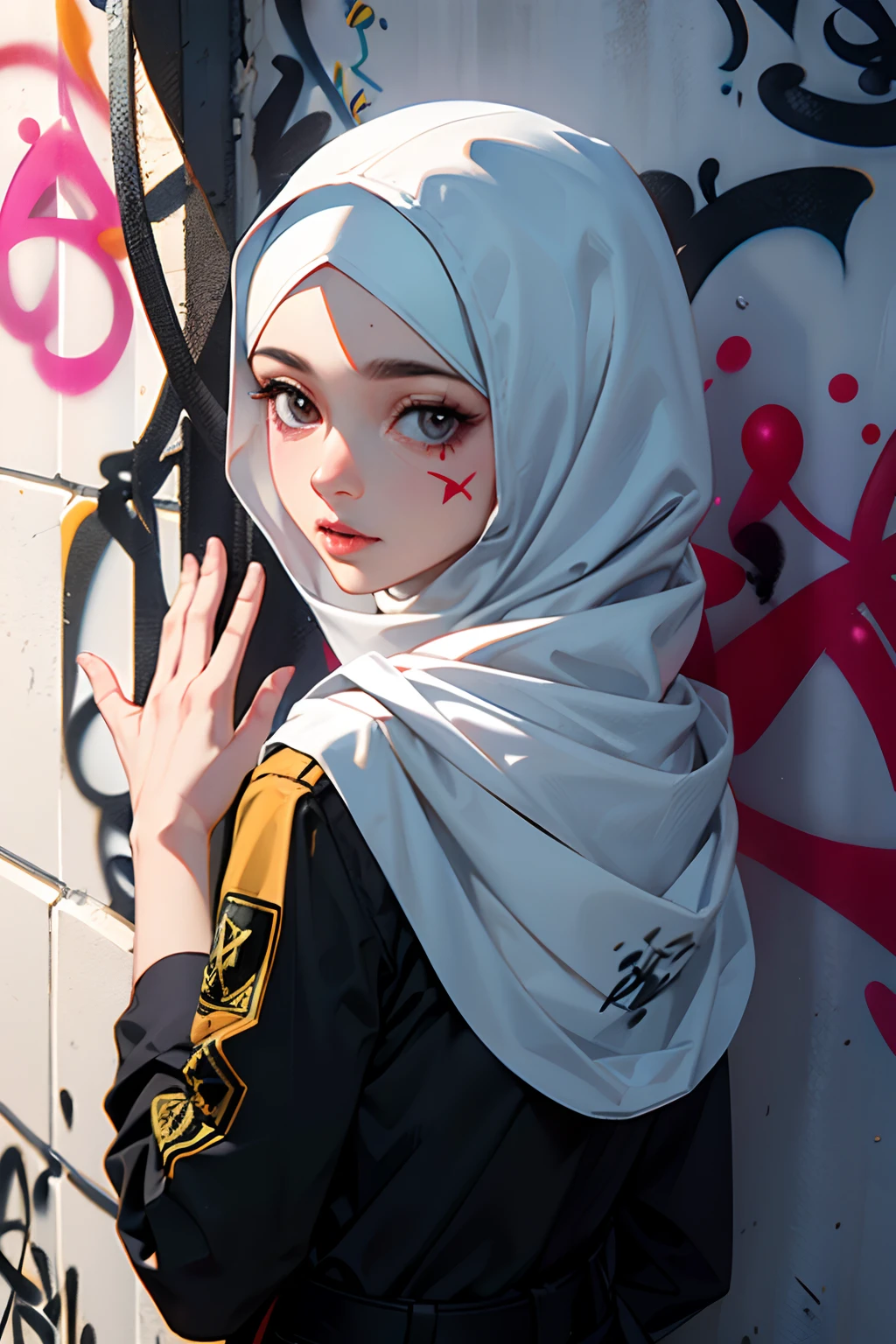 cloth palestine color, 1girl, solo, pretty face, eyelashes, nose, glossy lips, (detailed eyes, looking at viewer, fair skin, white skin: 1.5), smooth skin, wearing hijab, 8k portrait of beauty in hijab, intricate, graceful, highly detailed, majestic, digital photography, hyper realistic, Masterpiece, Best Quality, All parts of the body except the face and hands are covered with clothing, Tudung, ((do not let the hair come out of the hijab)), full hijab, ((all parts of the body covered by clothes except the face)), Best Quality, (graffiti:1.5), paint splatter, Hands Behind Back, On wall, looking at viewer, head slanted, palestine flag, sunset, Palestine earthquake, one hijab girl from behind waving Palestine flag looking at rubble and destruction, Palestine flag, hijab, muslim