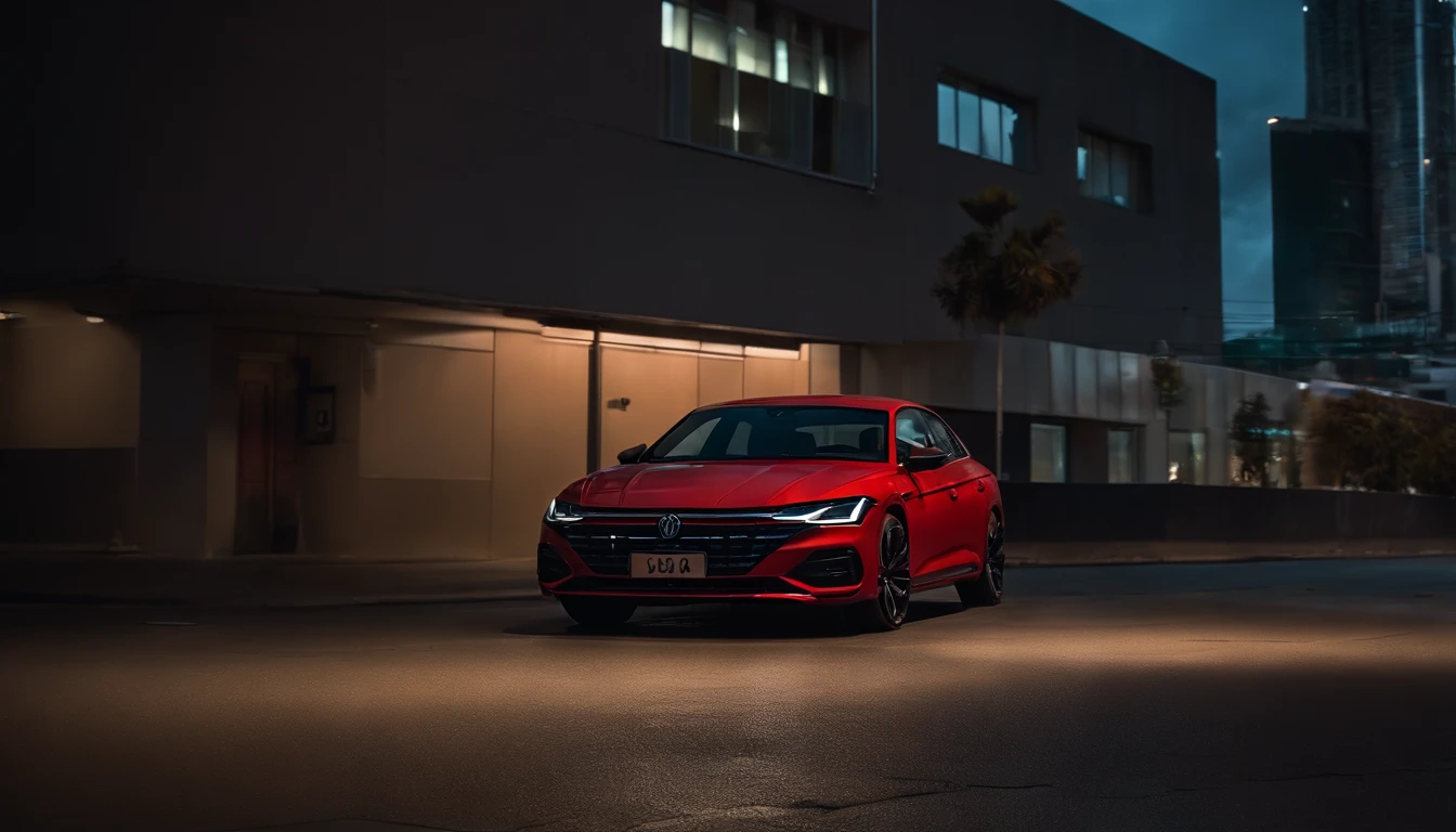 jetta 2021 vermelho, foto de um carro em uma noite tempestuosa, Noite da Cidade Cyberpunk, tempestade na cidade, Cinema sombrio, ultra detalhado, fotorrealista, master part.