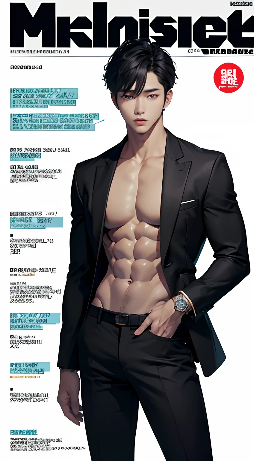 masterpiece, top quality, intricate detail, magazine front page, Korean men's health magazine, Magazine's Title with black color font, christmas issue, a young handsome boy with short pants, tan ktop , tall muscle, ((abs)), Kpop idol, looking at camera, beautiful face, white background, fashion model, Kpop boy's group member, fashionable damage short pants, ikemen