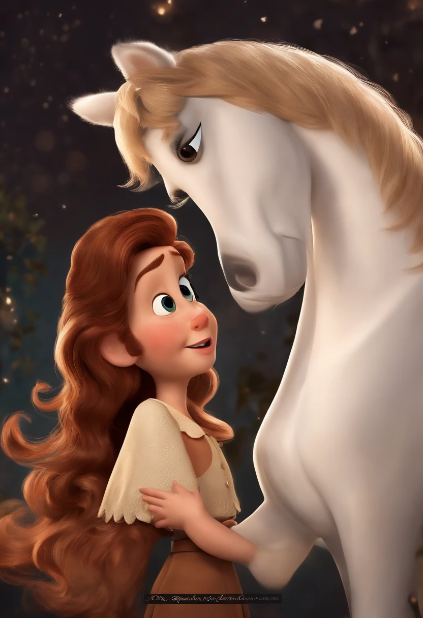 Créez une affiche inspirée des films Disney Pixar, Mettant en scène un couple accompagné d’une fille de taille moyenne aux cheveux bruns foncés, Des lèvres pleines et des yeux sombres et un visage idiot avec un garçon cheval paint brun et blanc, L’affiche s’intitule 'Aldo and Jodie' L’art numérique doit être dans le style Pixar, rappelant un long métrage d’animation.