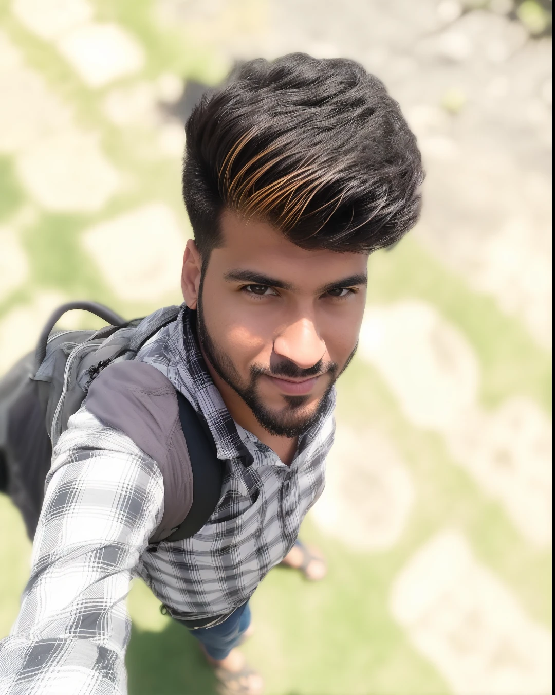 arafed man with a backpack looking up at the camera, with accurate face, 8k selfie photograph, without beard, without helmet, selfie of a man, selfie photography, good looking face, portait photo profile picture, with lovely look, selfie!!!!! of a man, ayan nag, selfie shot straight on angle, facebook profile picture, front profile!!!!