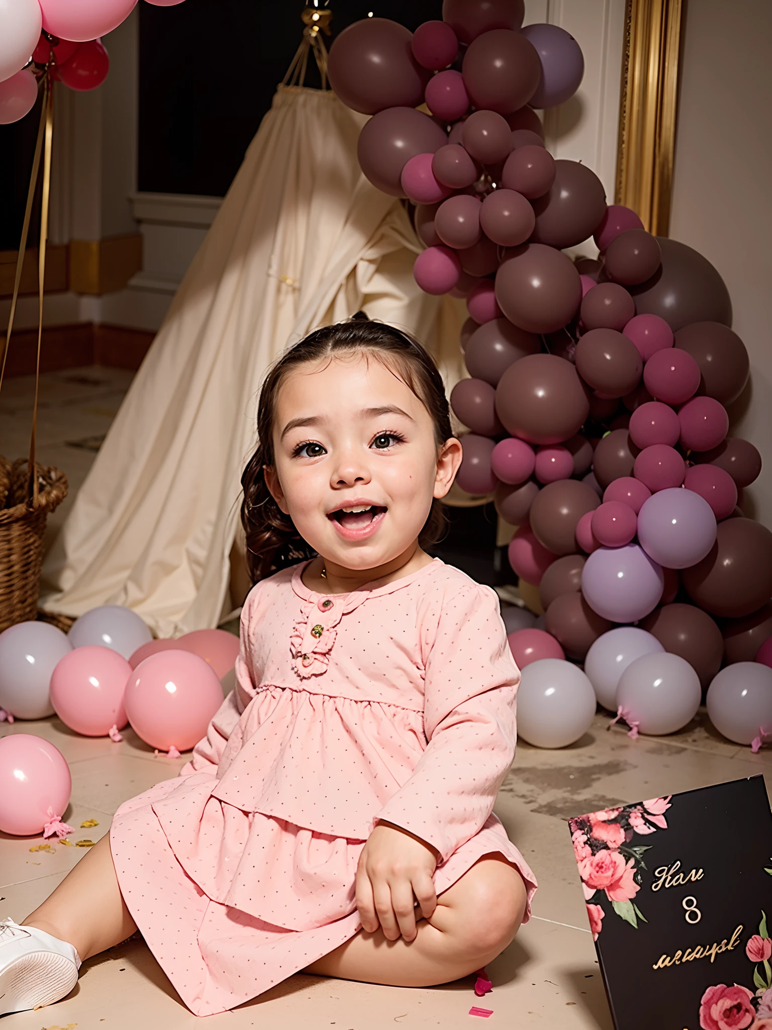 Girl in pink dress, Beautiful dress, Child sitting on the floor with balloons, portrait picture, Caitlynn Mini Cute Style, portait image, photo portrait, portrait shot, pink cheeks, delicate detailed, Large portrait, detailed portrait shot, 🤬 🤮 💕 🎀, portrait mode photo, medium portrait of, she is smiling and excited, special, Very excited