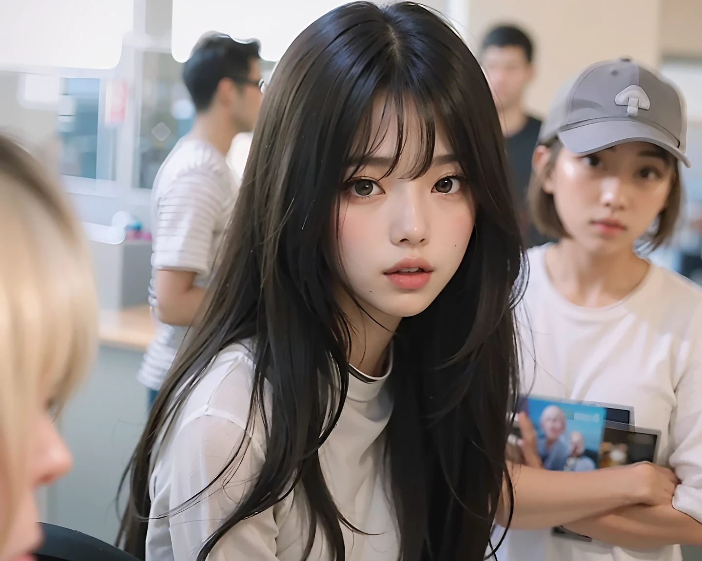 Mujer araffe con el pelo largo y negro y una camisa blanca, Ella tiene el pelo negro con flequillo, con flequillo, Lalisa Manobal, con flequillo completo, Pelo largo con flequillo, Cabello largo con flequillo completo, Cabello largo y oscuro con flequillo, Flequillo partido en el centro, Cabello limpio con flequillo, Ella tiene una cara linda, ulzzang, Bae Suzy
