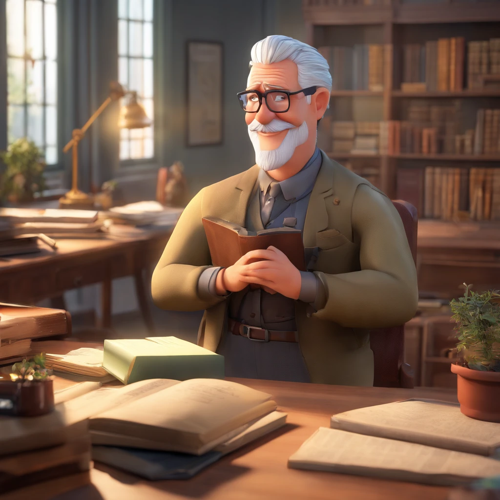 Crie um cartaz inspirado na Disney Pixar com o personagem sendo o pastor Rubens Janier, A gray-haired man wearing glasses, in an office with a Bible on the table