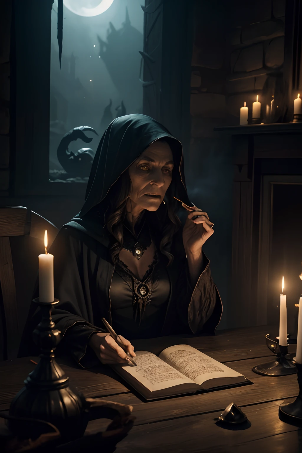 Conceive a photorealistic image with a sinister, yet fantastical ambiance, depicting an elderly witch with no facial hair, a large nose with a wart, engaged in her dark craft. She stirs a cauldron from which a thick, magical smoke arises, coalescing into the form of a fearsome smoke monster that seems to emerge from the potion's surface. The witch's robes are rich with detail, suggesting her ancient lineage and power. Her chamber is filled with the relics of her trade: spell books, dried herbs, and mystical artifacts, all illuminated by the eerie glow of candles and the spectral moonlight that slips through the window. The lighting is carefully designed to be moody and brooding, highlighting the contours of the smoke monster and casting long, foreboding shadows across the room, enhancing the overall sense of a supernatural event taking place.