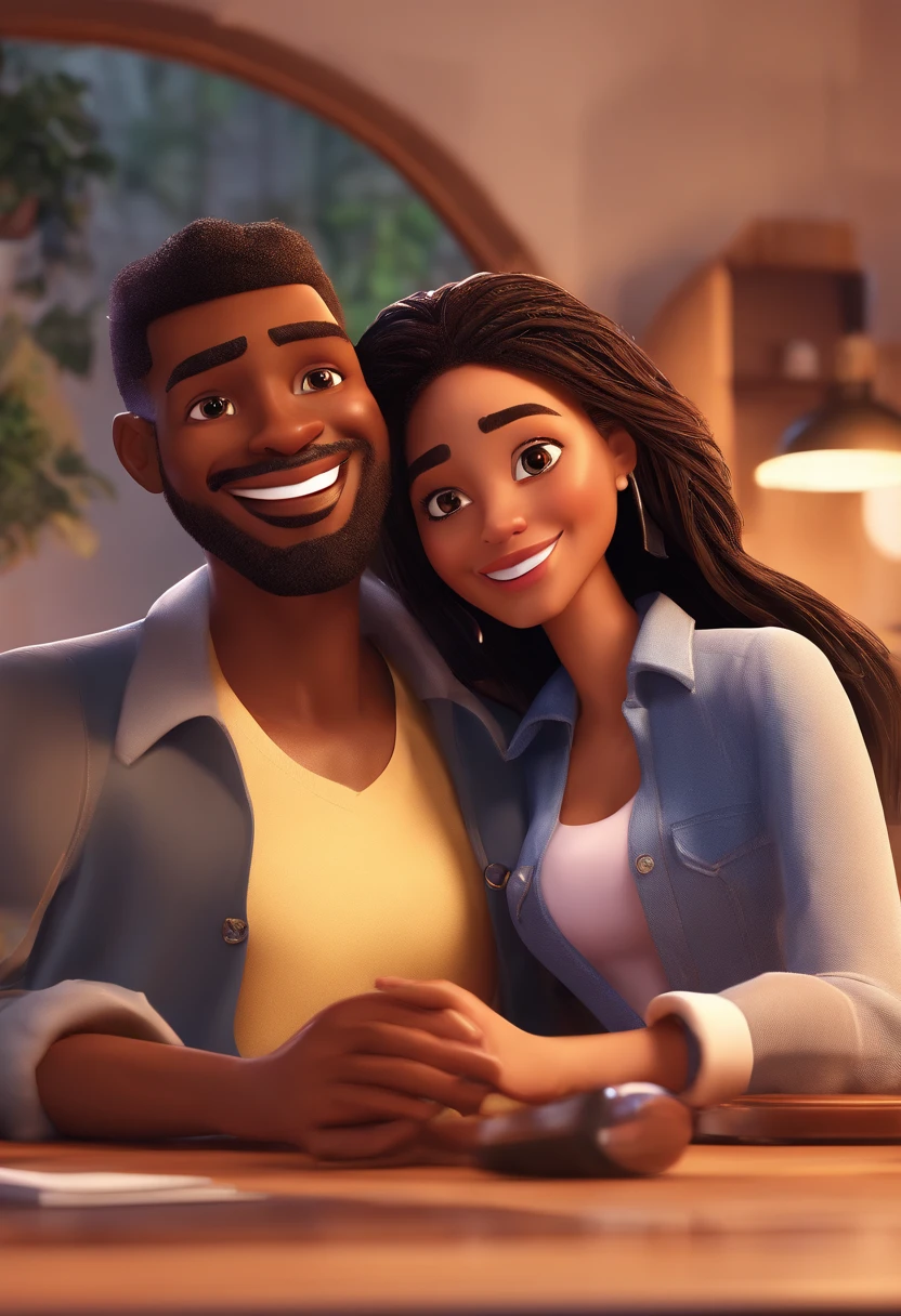 An illustration of an adorable couple, Highlight for a chubby mulatto man with glasses smiling and a brunette woman with beautiful expressive eyes - the man's skin is mulatto and the man's hair haswhile the woman's skin is black and the woman's hair is straight and brown. They are a bright room, cada um com um sorriso no rosto, e compartilhar um momento especial caracterizado pelo amor, Insights. Illustrate this scene from a perspective where they are facing the camera, Smiling and Showing Your Connection. Desenvolva esta arte em Full HD, Focus on your cinematic touch, Estilo Disney Pixar Animations