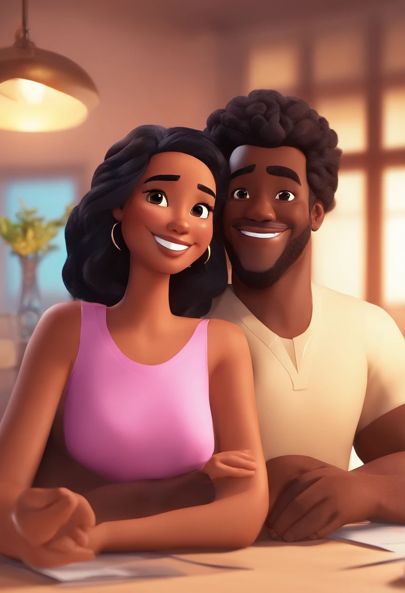 An illustration of an adorable couple, highlighting a black man and a black woman with beautiful expressive eyes - the man's skin is brown and the man's hair is low and black, while the woman's skin is black and the woman's hair is straight and brown. They are a bright room, cada um com um sorriso no rosto, e compartilhar um momento especial caracterizado pelo amor, Insights. Illustrate this scene from a perspective where they are facing the camera, Smiling and Showing Your Connection. Desenvolva esta arte em Full HD, Focus on your cinematic touch, Estilo Disney Pixar Animations