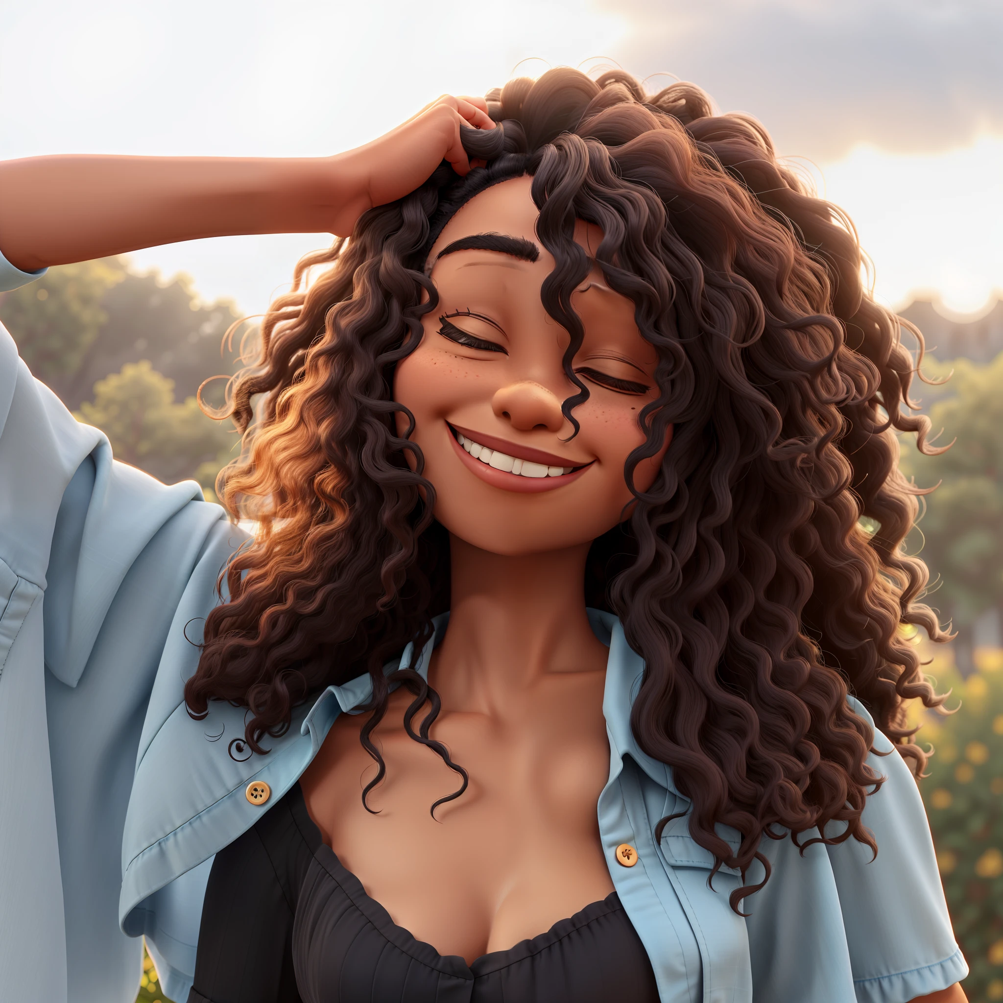 thin, black woman, big curly hair, smiling, eyes closed, hand holding her head, sun in the background, black blouse, t-shirt with buttons on top