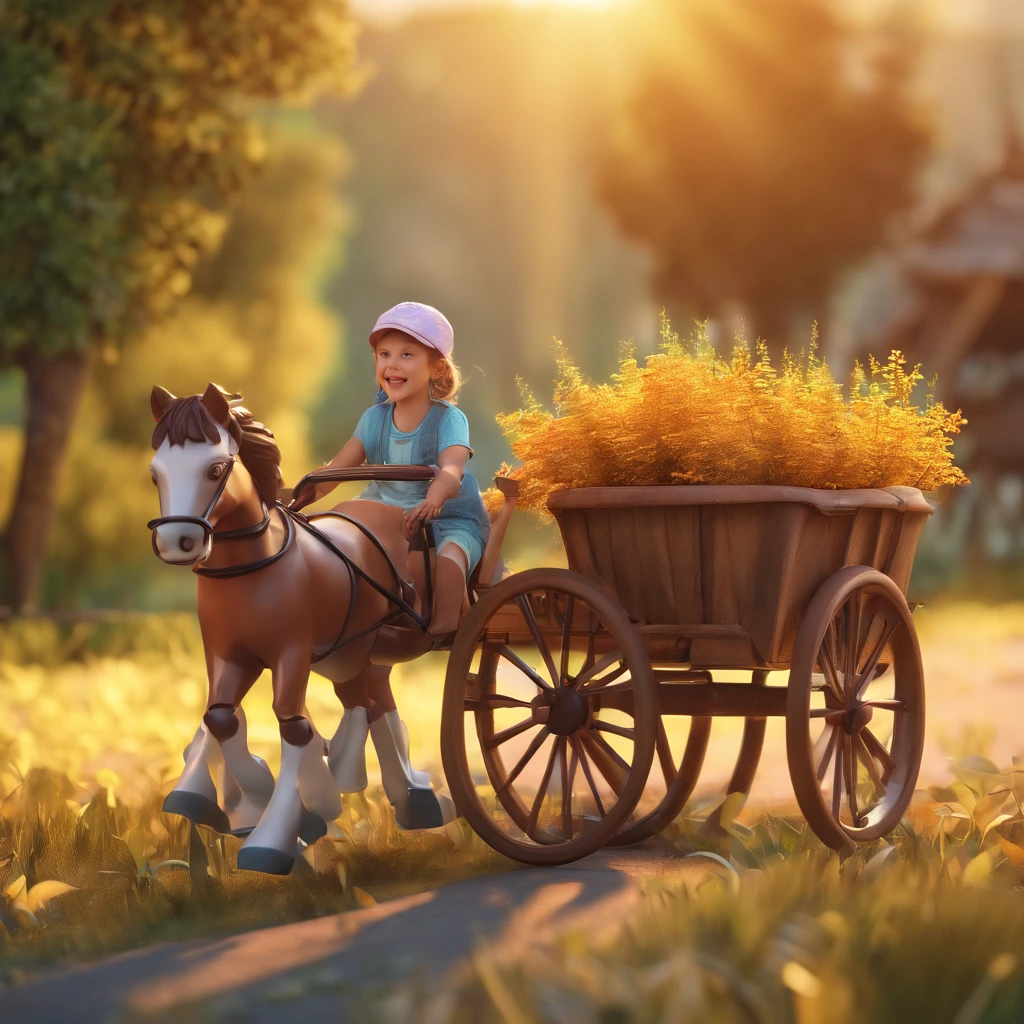 Two girls, One in a small wagon with wooden horse, outra numa bicicleta, Smiling in front of the camera