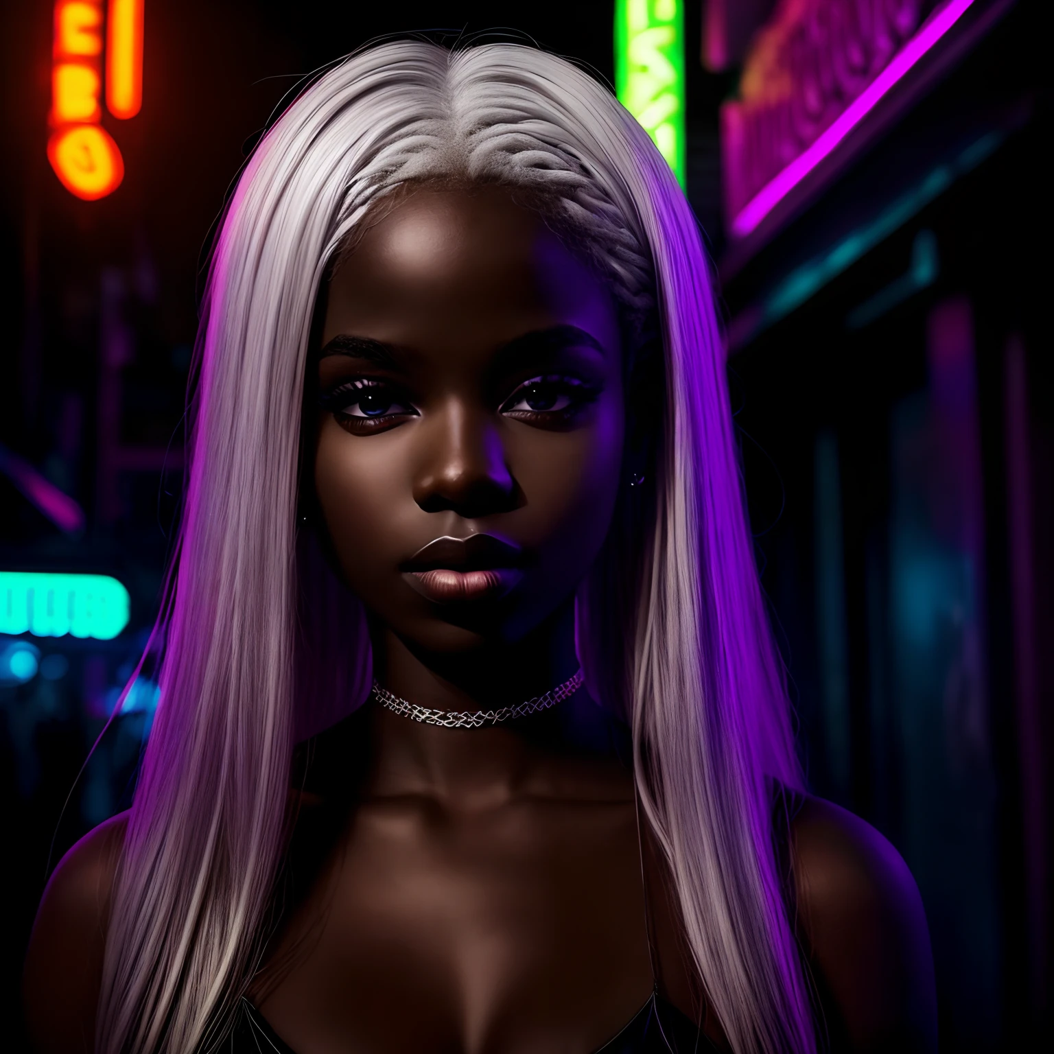 beautiful black skin girl, white hair, night club, neon lights, portrait photo