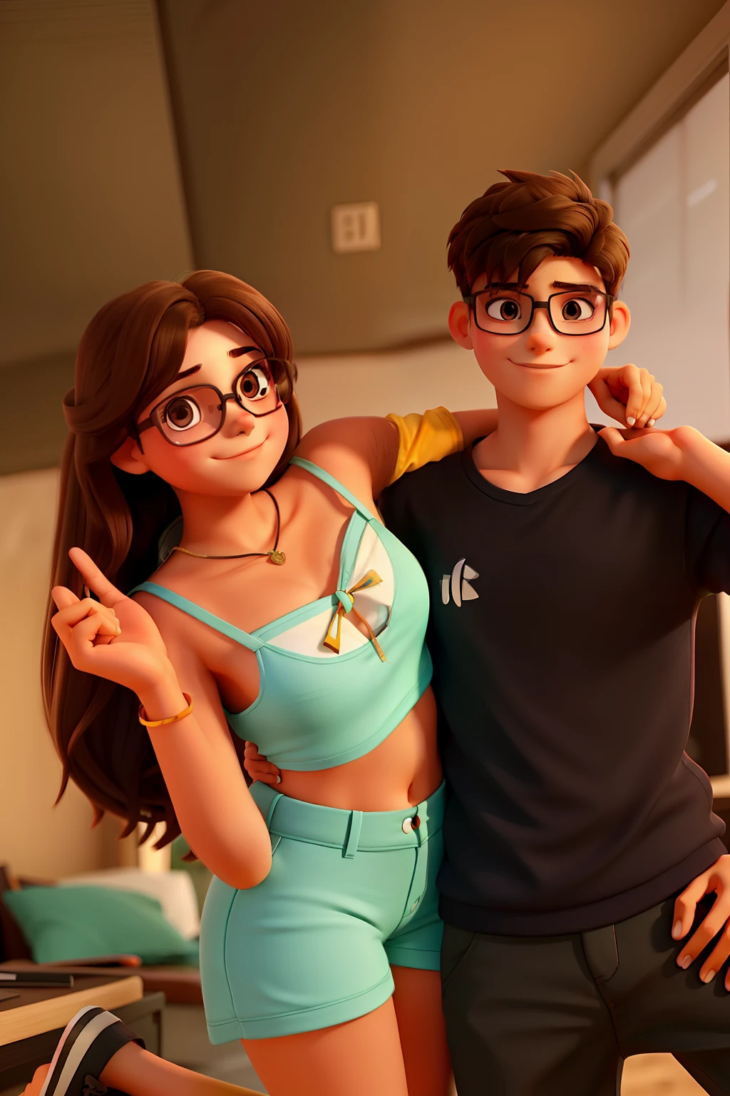 A girl posing hugging a boy, She's wearing glasses, They're both brunettes, no fundo uma praia