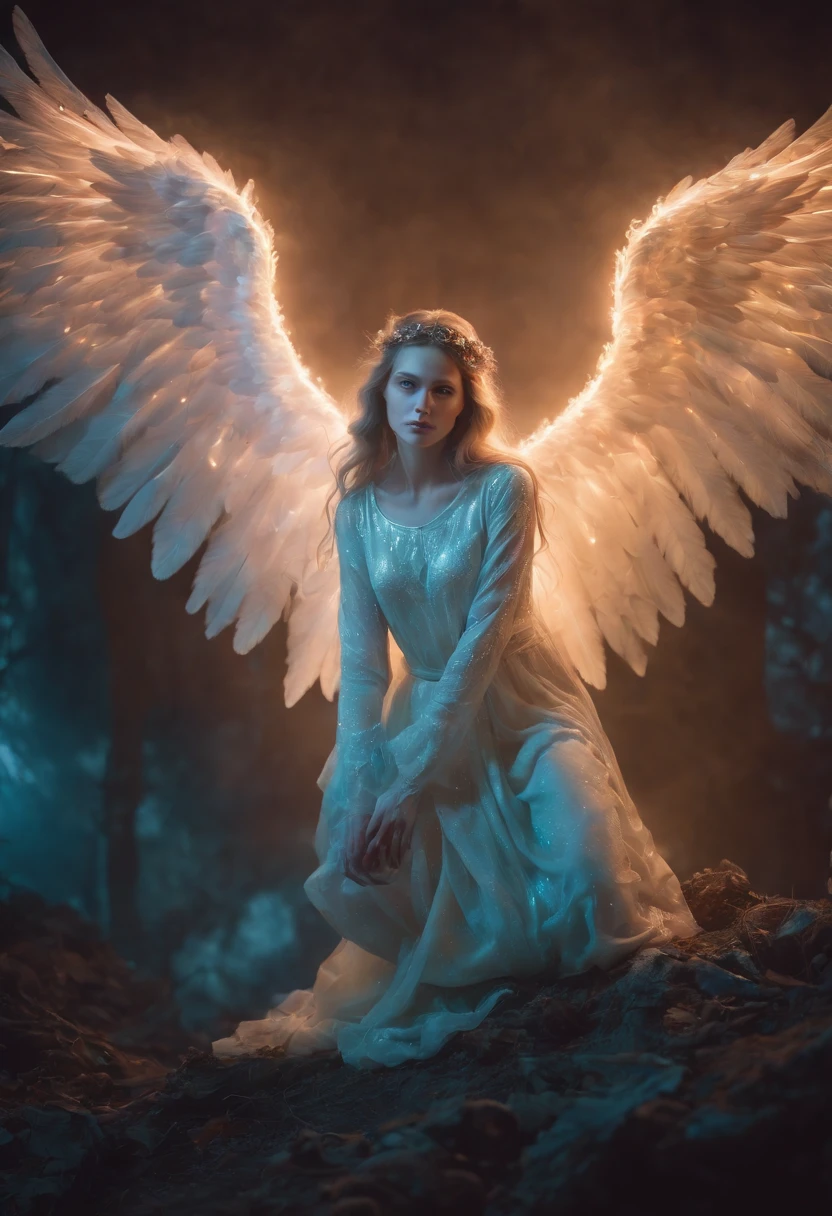 Cosmic Fallen Angel, glowing light eyes, Biomechanical, eerie, Creepy, nightmarish, Very bright colors, Light particles, with light glowing, Mshiff, wallpaper art, UHD wallpaper