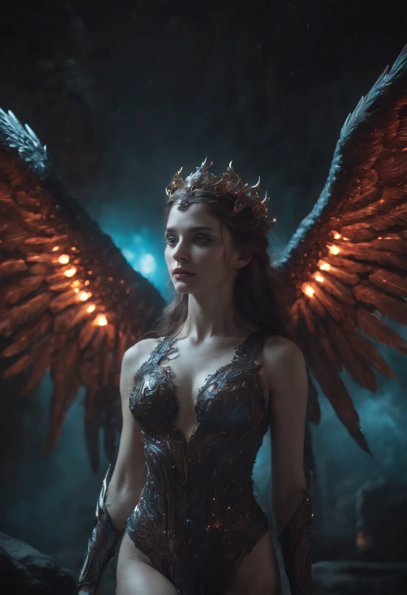Cosmic Fallen Angel, glowing light eyes, Biomechanical, eerie, Creepy, nightmarish, Very bright colors, Light particles, with light glowing, Mshiff, wallpaper art, UHD wallpaper