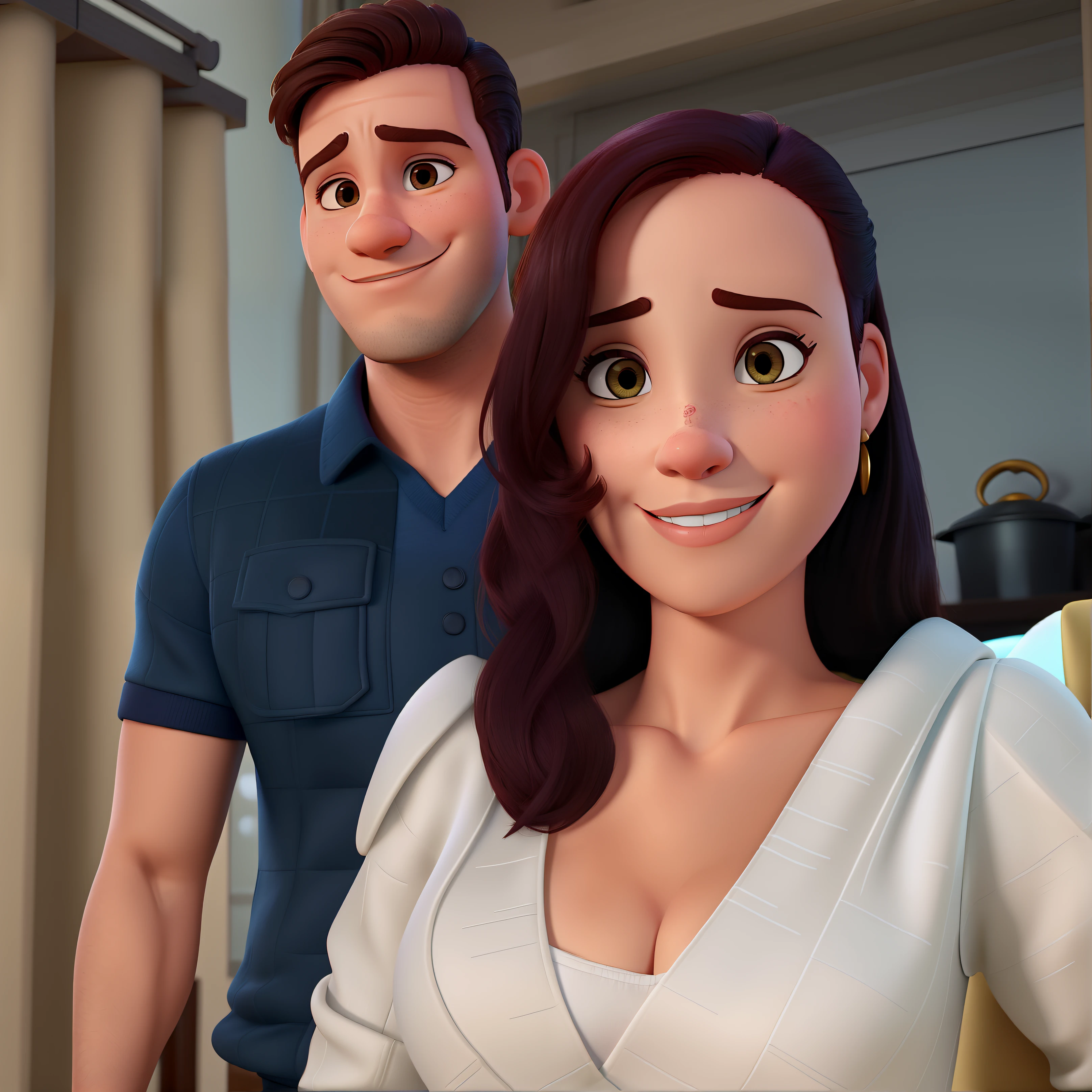 Casal (homem moreno e mulher morenaa) no estilo Disney Pixar, alta qualidade, melhor qualidade.