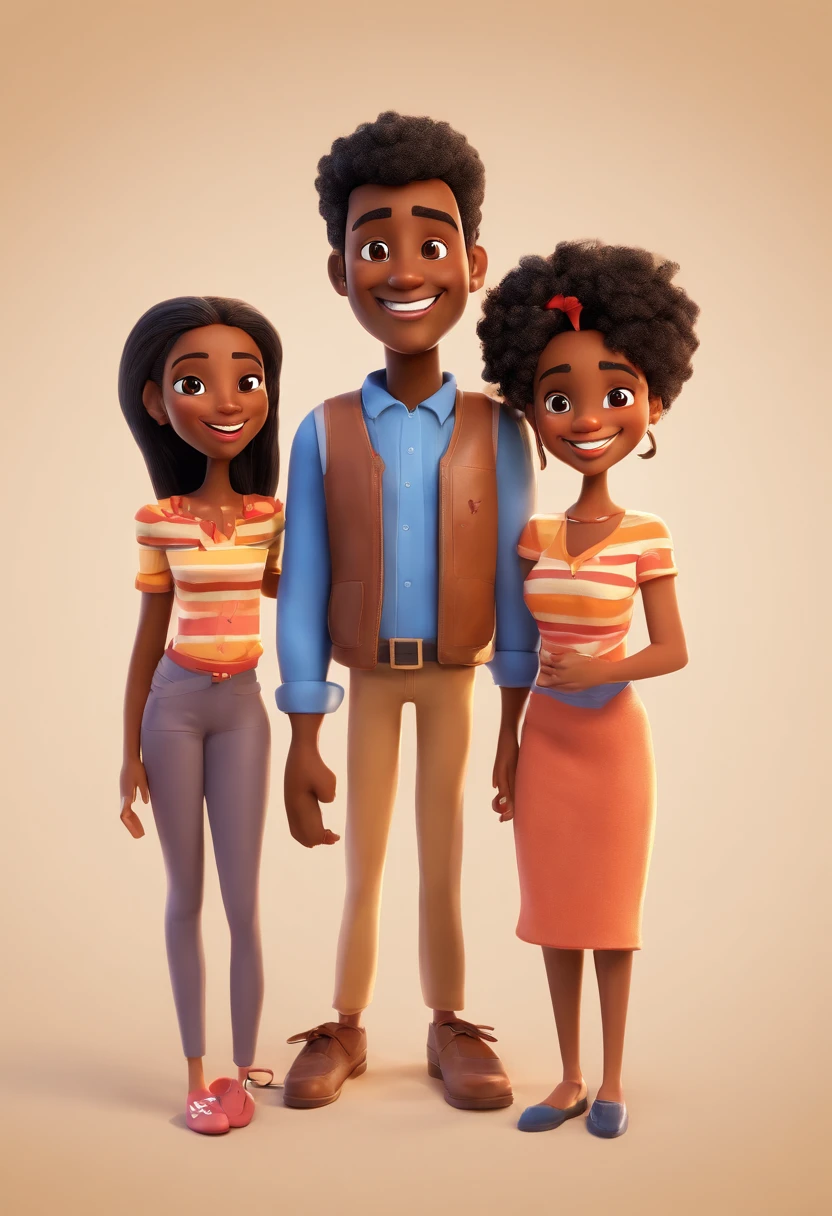 An illustration of an adorable couple, Highlighting a black man and a black woman with beautiful expressive eyes – the man's skin is brown and the man's hair is low and black, while the woman's skin is black and the woman's hair is curly and brown. They are a bright room, cada um com um sorriso no rosto, e compartilhar um momento especial caracterizado pelo amor, Insights. Illustrate this scene from a perspective where they are facing the camera, Smiling and Showing Your Connection. They have three black daughters. Desenvolva esta arte em Full HD, Focus on your cinematic touch, Estilo Disney Pixar Animations