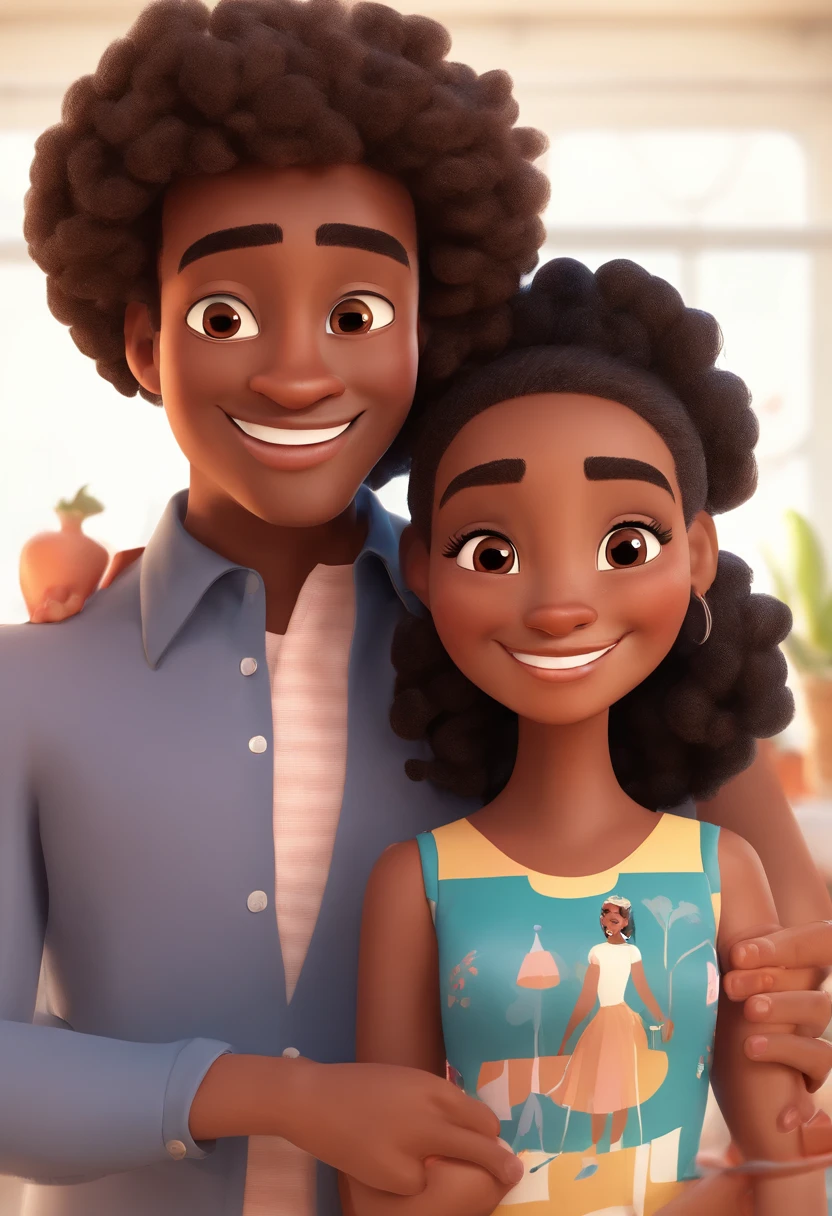 An illustration of an adorable couple, Highlighting a black man and a black woman with beautiful expressive eyes – the man's skin is brown and the man's hair is low and black, while the woman's skin is black and the woman's hair is curly and brown. They are a bright room, cada um com um sorriso no rosto, e compartilhar um momento especial caracterizado pelo amor, Insights. Illustrate this scene from a perspective where they are facing the camera, Smiling and Showing Your Connection. They have three black daughters. Desenvolva esta arte em Full HD, Focus on your cinematic touch, Estilo Disney Pixar Animations