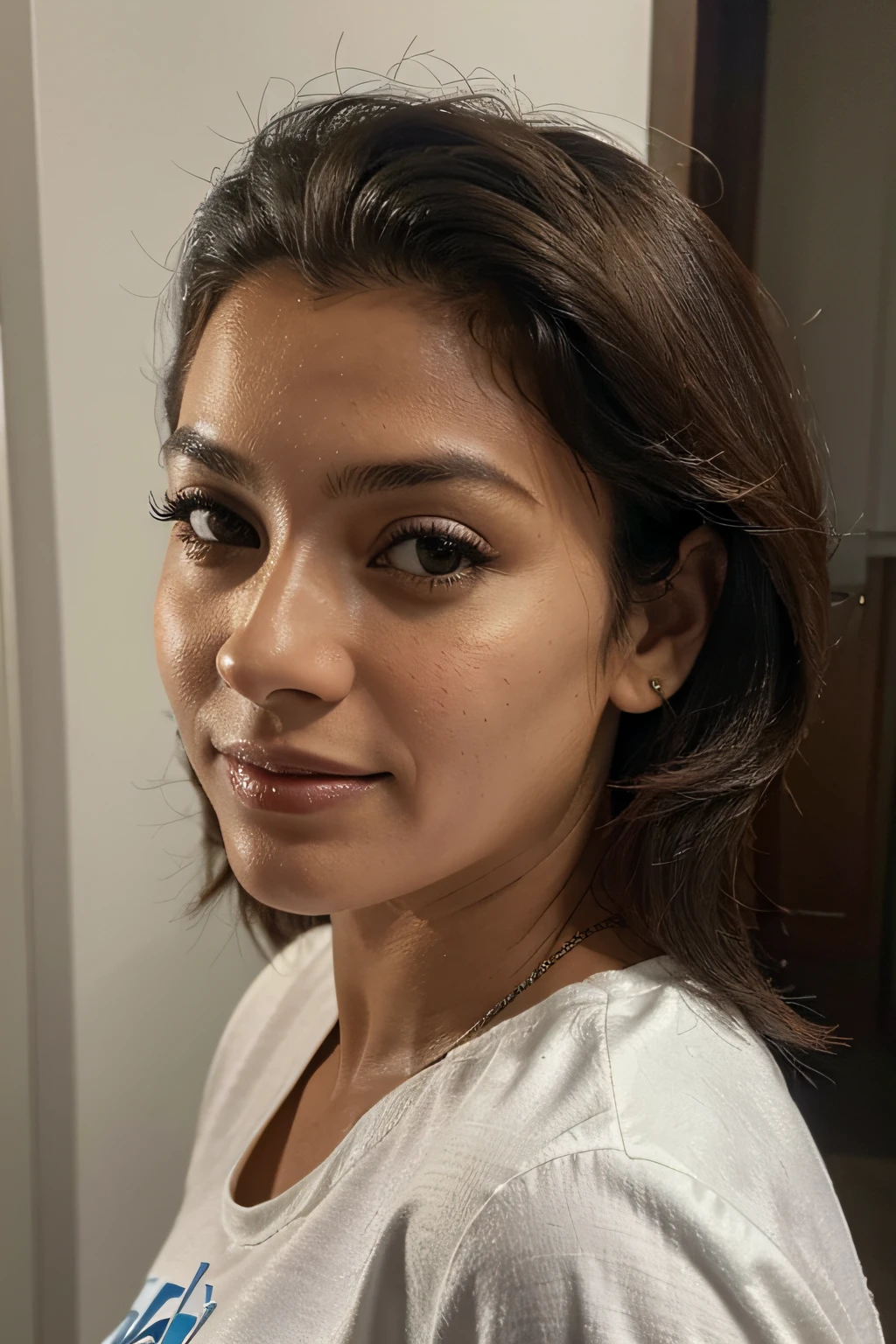 Mulher, de 25 anos, pele branca, brasileira, foto de perfil do linkedin, cabelos pretos, corte de cabelo na altura dos ombros.