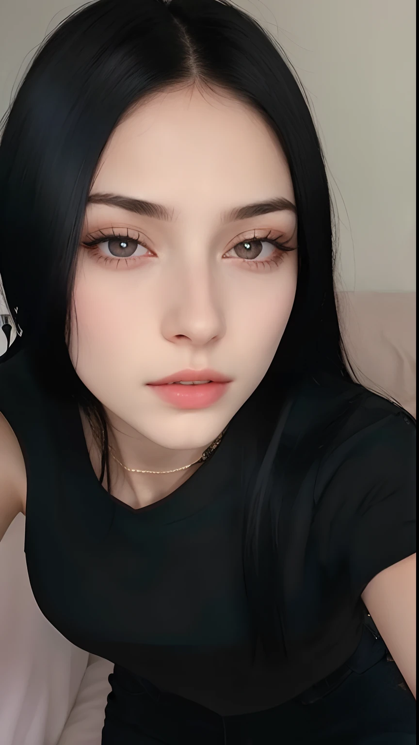 a close-up of a woman with long black hair and a black bra, 18 anos de idade, 1 6 anos, Rosto extremamente lindo, menina de 19 anos, 21 anos de idade, 22 anos de idade, garota persa de pele clara, rosto perfeito ), Asian girl, 2 modelo feminino de 4 anos, cabelo preto e olhos grandes